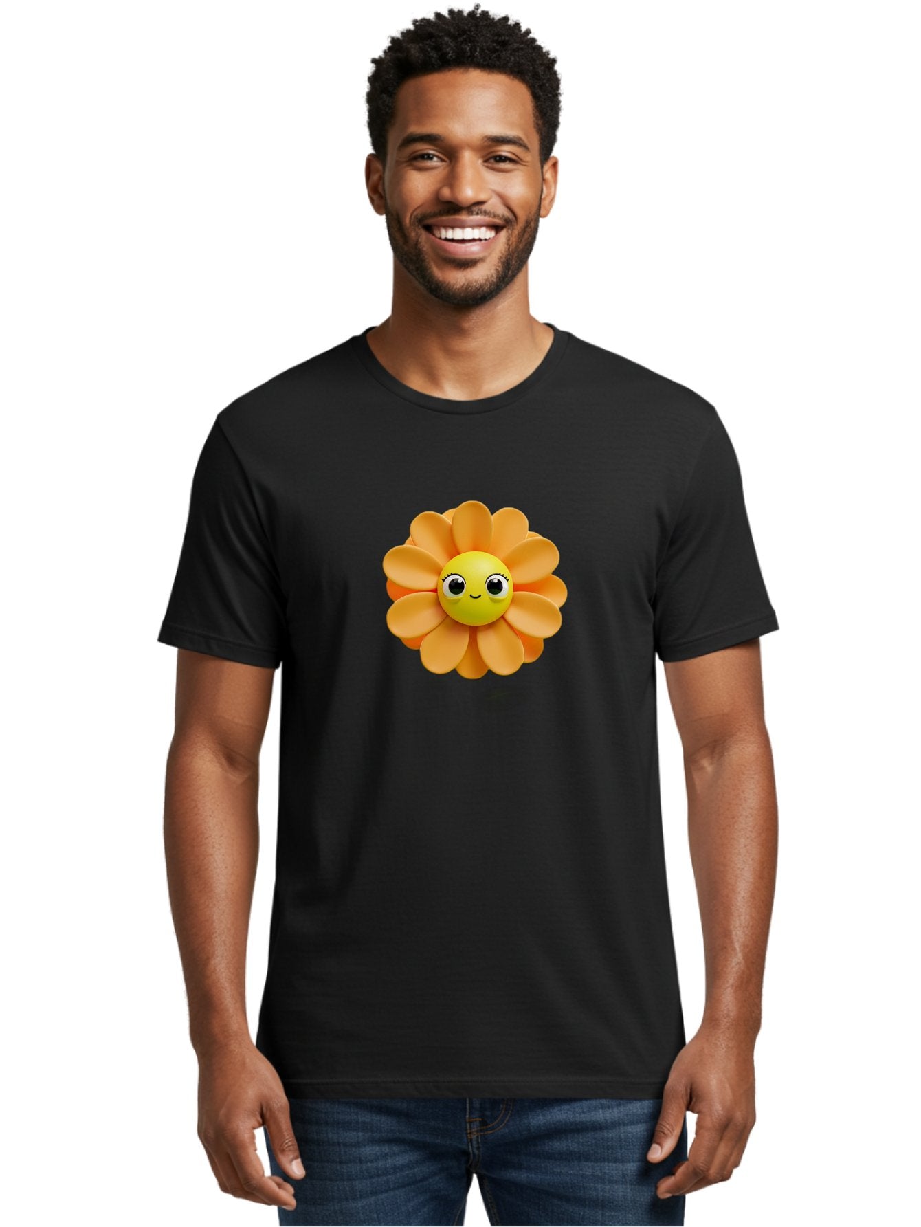Smiling-Flower-Emoji Men'S Graphic Tee, 100% Cotton, Comfortable Casual Summer Wear, Machine Washable, Smiling Flower, Yellow Center, Orange Petals, Cute Emoji, Happy Face, Cartoon Flower, Vibrant Colors, Playful Design, 3D Rendering, Bac427 19