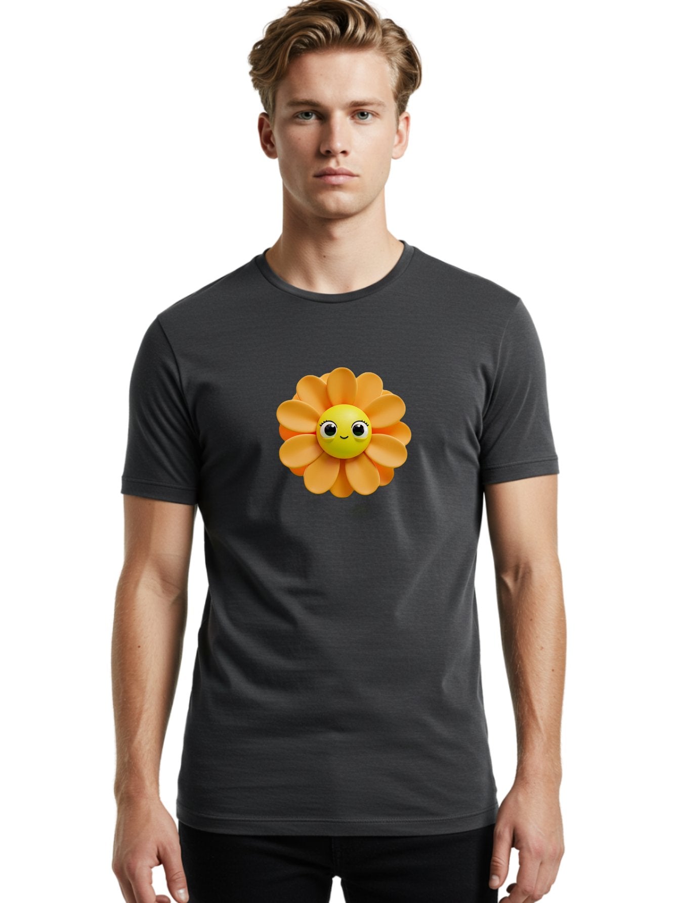 Smiling-Flower-Emoji Men'S Graphic Tee, 100% Cotton, Comfortable Casual Summer Wear, Machine Washable, Smiling Flower, Yellow Center, Orange Petals, Cute Emoji, Happy Face, Cartoon Flower, Vibrant Colors, Playful Design, 3D Rendering, Bac427 29