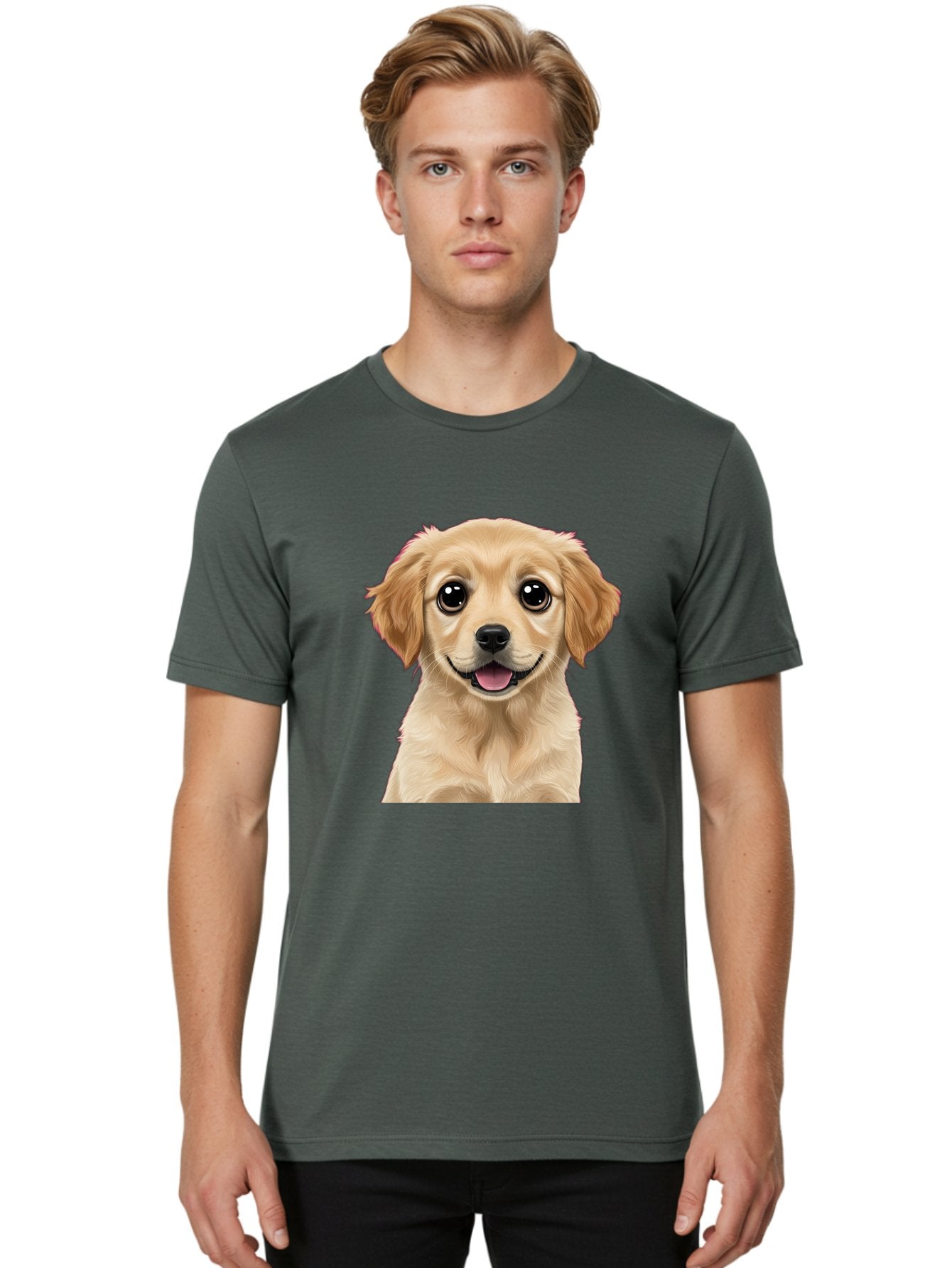 Smiling-Golden-Puppy Men'S Graphic Tee, 100% Cotton, Comfortable Casual Summer Wear, Machine Washable, Friendly Dog, Happy Puppy, Golden Retriever, Big Eyes, Playful Expression, Adorable Face, Cute Nose, Smiling Dog, Cartoon Puppy, Lovable Pet Bac428 27