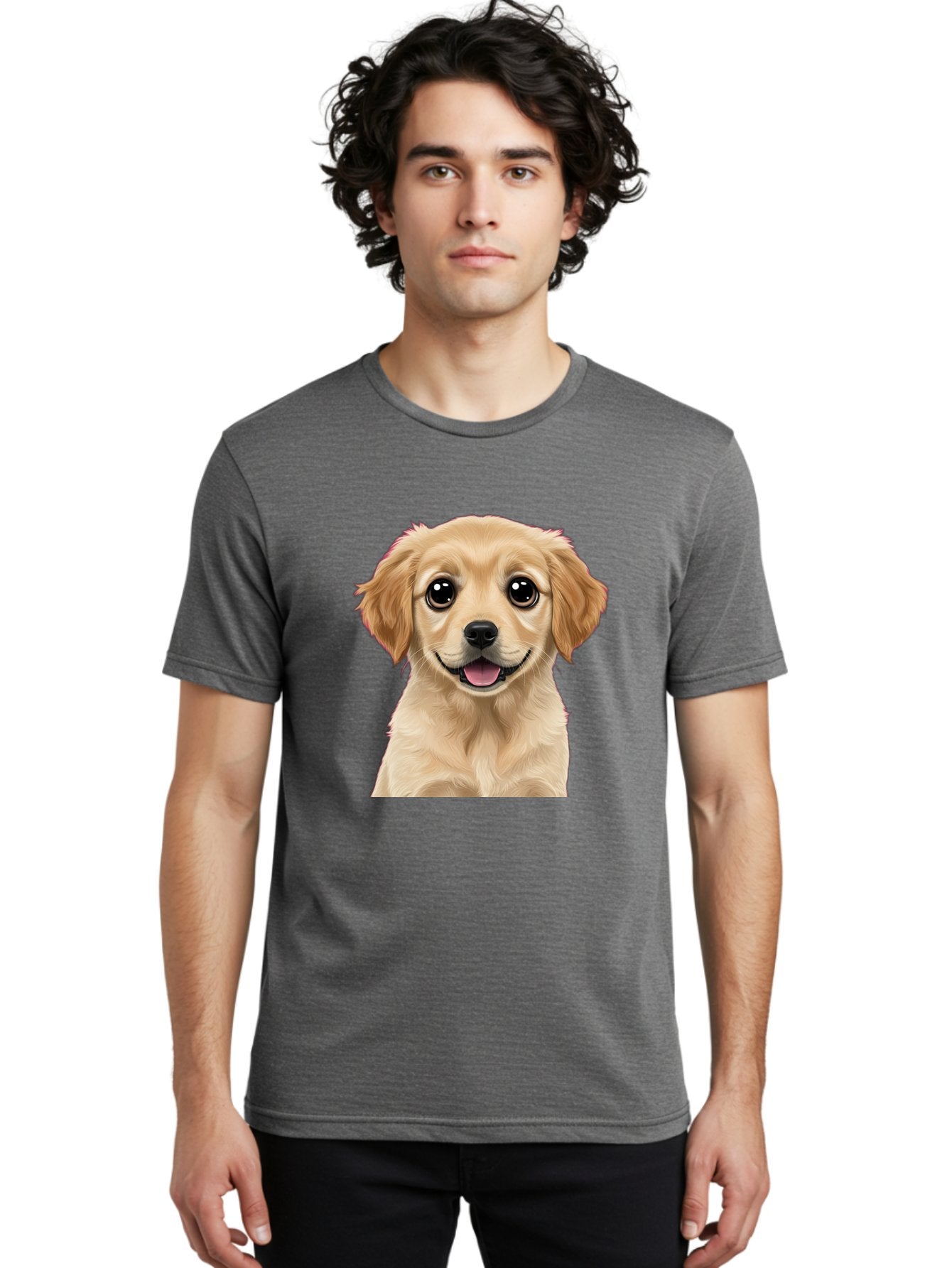 Smiling-Golden-Puppy Men'S Graphic Tee, 100% Cotton, Comfortable Casual Summer Wear, Machine Washable, Friendly Dog, Happy Puppy, Golden Retriever, Big Eyes, Playful Expression, Adorable Face, Cute Nose, Smiling Dog, Cartoon Puppy, Lovable Pet Bac428 29