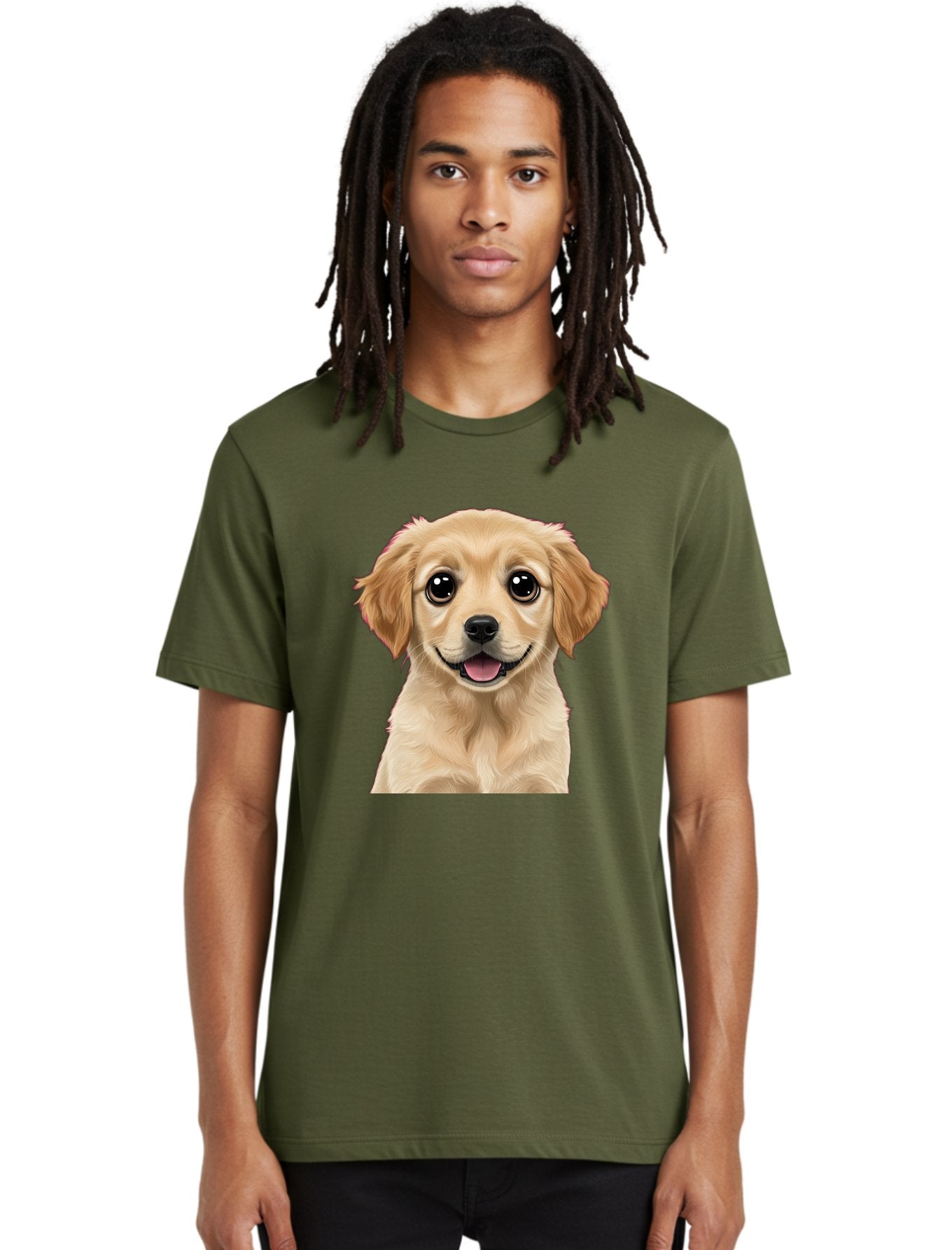 Smiling-Golden-Puppy Men'S Graphic Tee, 100% Cotton, Comfortable Casual Summer Wear, Machine Washable, Friendly Dog, Happy Puppy, Golden Retriever, Big Eyes, Playful Expression, Adorable Face, Cute Nose, Smiling Dog, Cartoon Puppy, Lovable Pet Bac428 18