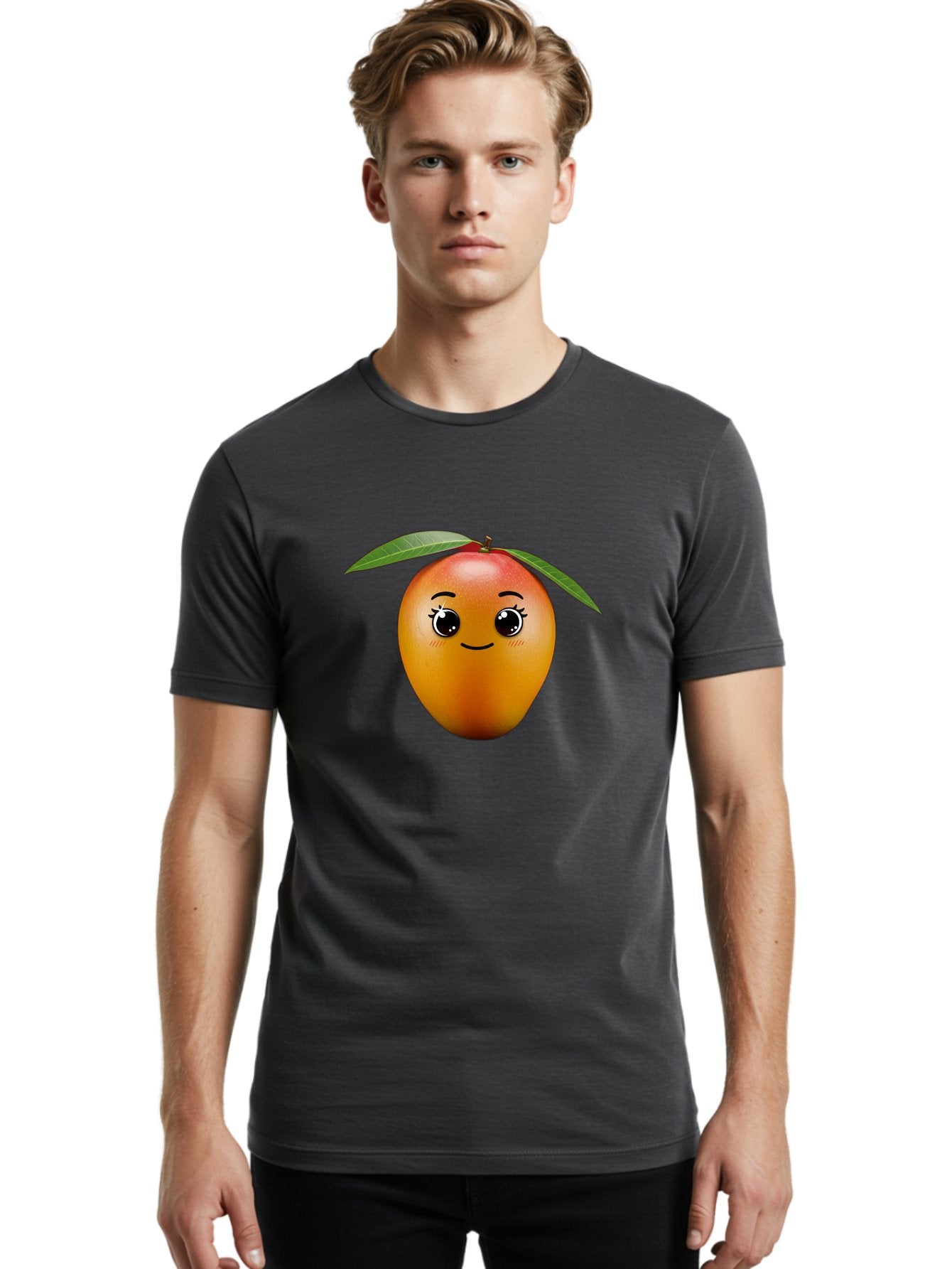 Smiling-Mango Men'S Graphic Tee, 100% Cotton, Comfortable Casual Summer Wear, Machine Washable, Cartoon Mango, Mangoes, Cheerful Fruit, Adorable Character, Smiling Face, Cute Eyes, Vibrant Orange, Whimsical Design, Fun Illustration, Bac429 29