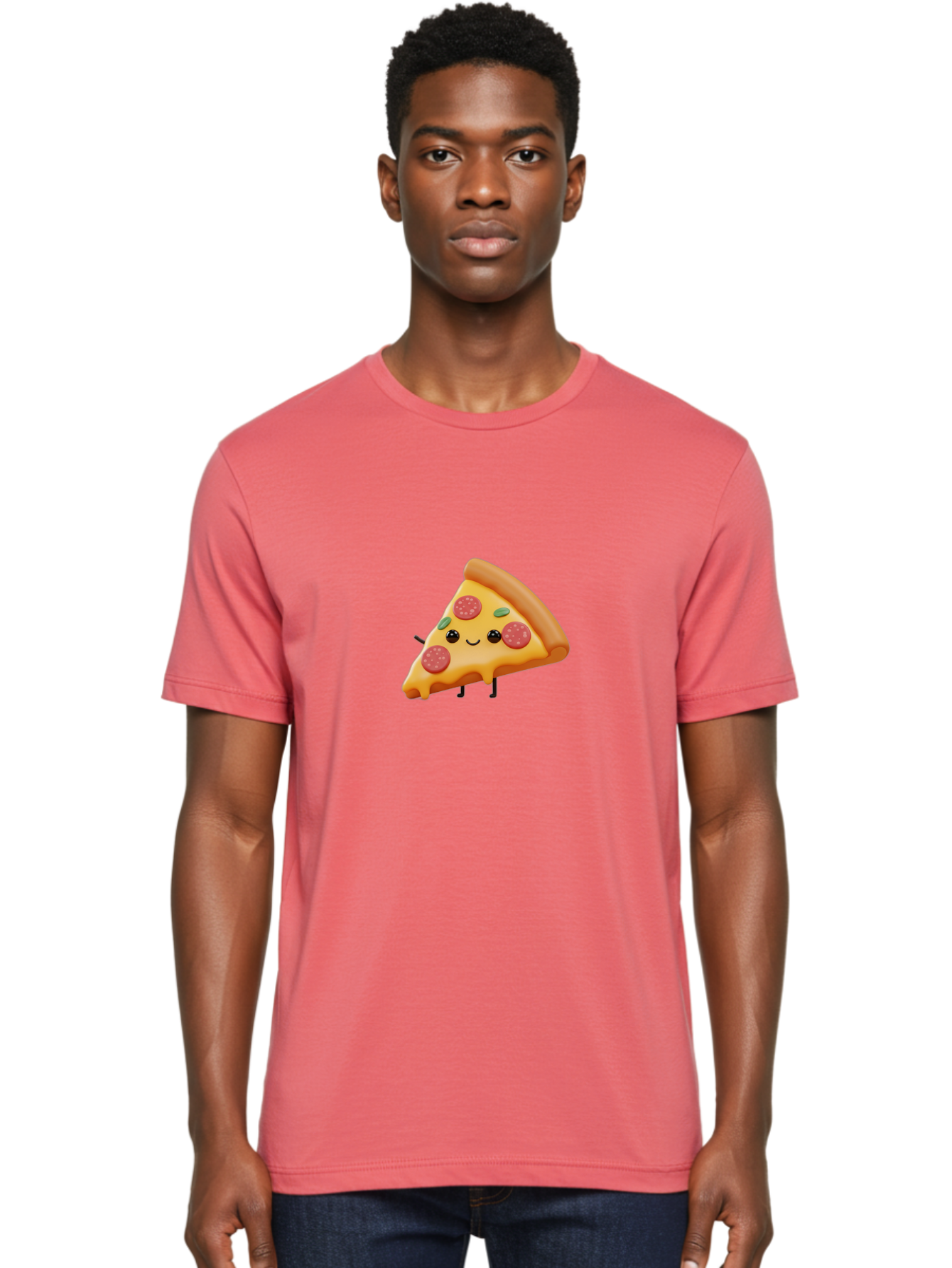 Smiling-Pizza-Slice Men'S Graphic Tee, 100% Cotton, Comfortable Casual Summer Wear, Machine Washable, Pepperoni Pizza Slice, Cartoon Character, Cheesy Goodness, Melted Cheese, Green Olives, Funny Face, Animated Food, Cartoon Pizza Bac430 29