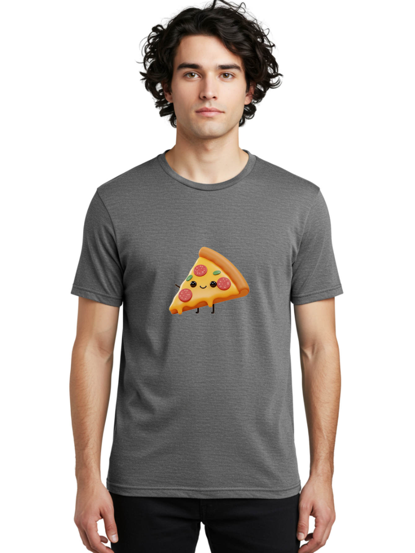 Smiling-Pizza-Slice Men'S Graphic Tee, 100% Cotton, Comfortable Casual Summer Wear, Machine Washable, Pepperoni Pizza Slice, Cartoon Character, Cheesy Goodness, Melted Cheese, Green Olives, Funny Face, Animated Food, Cartoon Pizza Bac430 21
