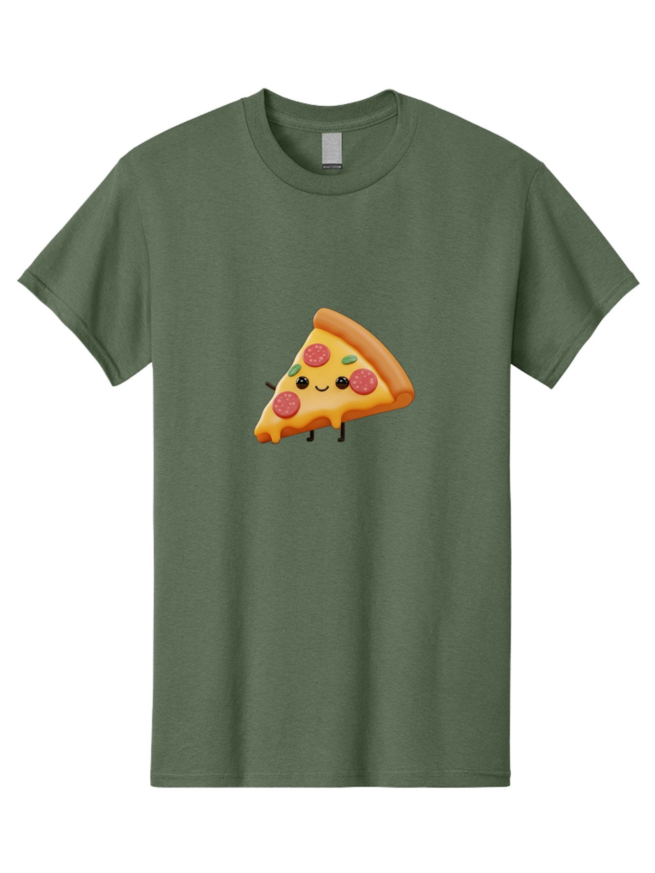 Smiling-Pizza-Slice Men'S Graphic Tee, 100% Cotton, Comfortable Casual Summer Wear, Machine Washable, Pepperoni Pizza Slice, Cartoon Character, Cheesy Goodness, Melted Cheese, Green Olives, Funny Face, Animated Food, Cartoon Pizza Bac430