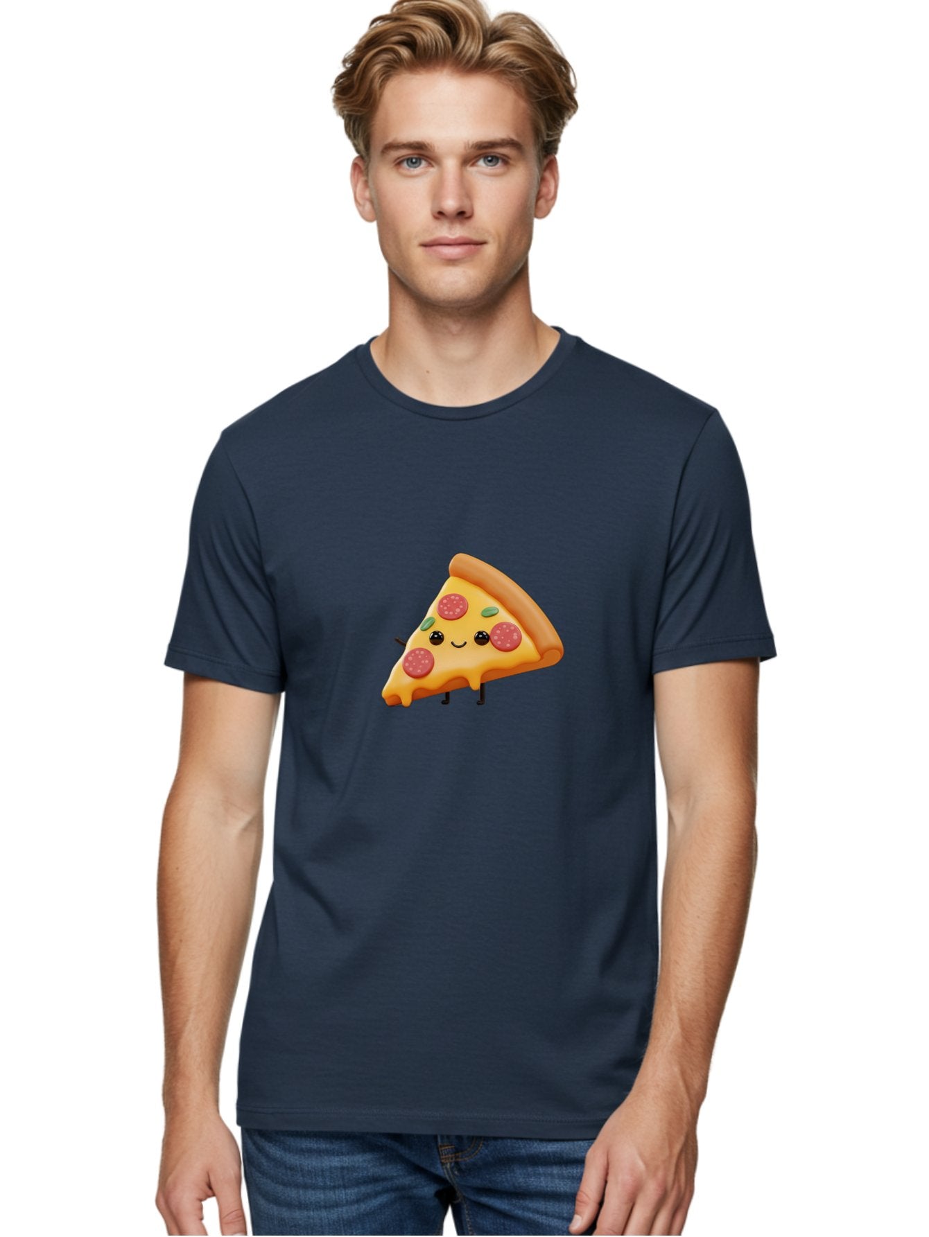 Smiling-Pizza-Slice Men'S Graphic Tee, 100% Cotton, Comfortable Casual Summer Wear, Machine Washable, Pepperoni Pizza Slice, Cartoon Character, Cheesy Goodness, Melted Cheese, Green Olives, Funny Face, Animated Food, Cartoon Pizza Bac430 21