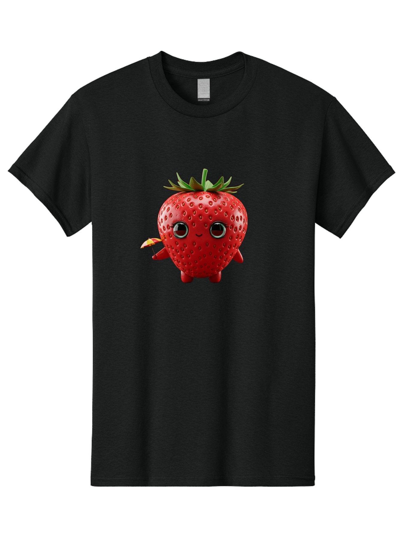 Smiling-Strawberry-1 Men'S Graphic Tee, 100% Cotton, Comfortable Casual Summer Wear, Machine Washable, Cartoon Strawberry Character, Smiling Face, Cute And Playful, Holding A Red And Yellow Umbrella, Kawaii Fruit, Adorable Animation, Bac431 4