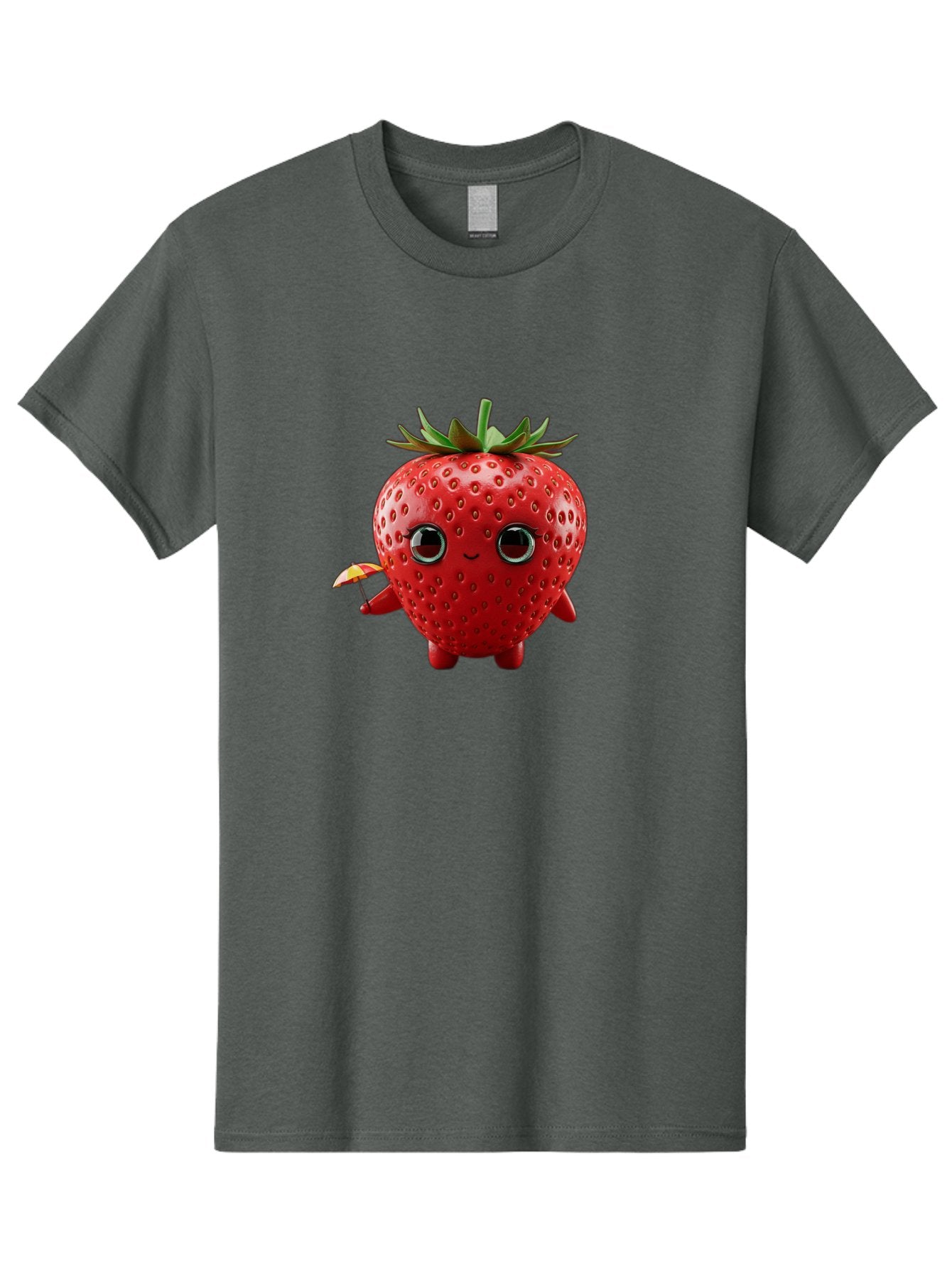 Smiling-Strawberry-1 Men'S Graphic Tee, 100% Cotton, Comfortable Casual Summer Wear, Machine Washable, Cartoon Strawberry Character, Smiling Face, Cute And Playful, Holding A Red And Yellow Umbrella, Kawaii Fruit, Adorable Animation, Bac431 15