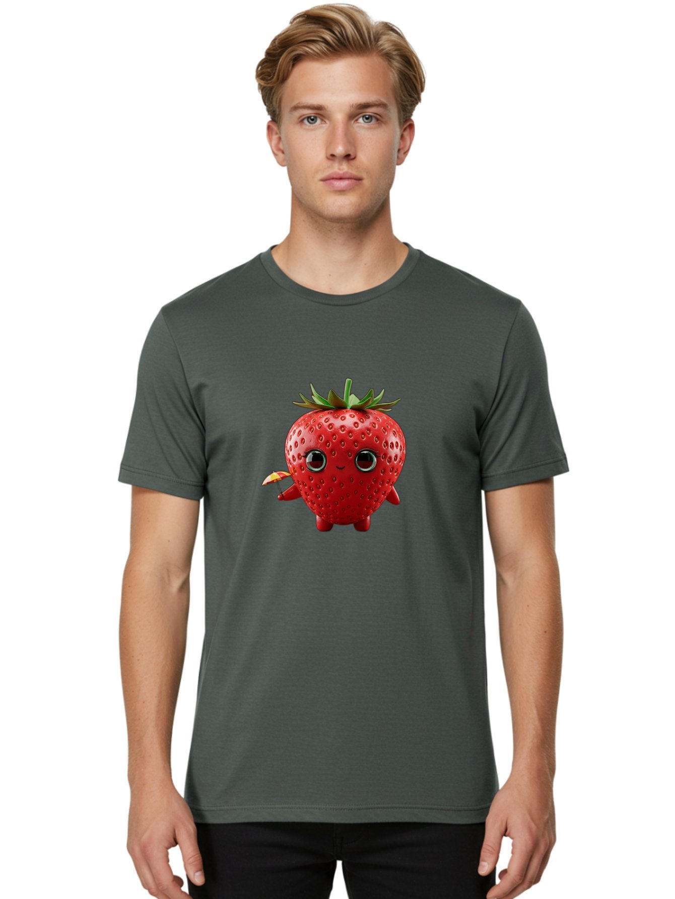 Smiling-Strawberry-1 Men'S Graphic Tee, 100% Cotton, Comfortable Casual Summer Wear, Machine Washable, Cartoon Strawberry Character, Smiling Face, Cute And Playful, Holding A Red And Yellow Umbrella, Kawaii Fruit, Adorable Animation, Bac431 30