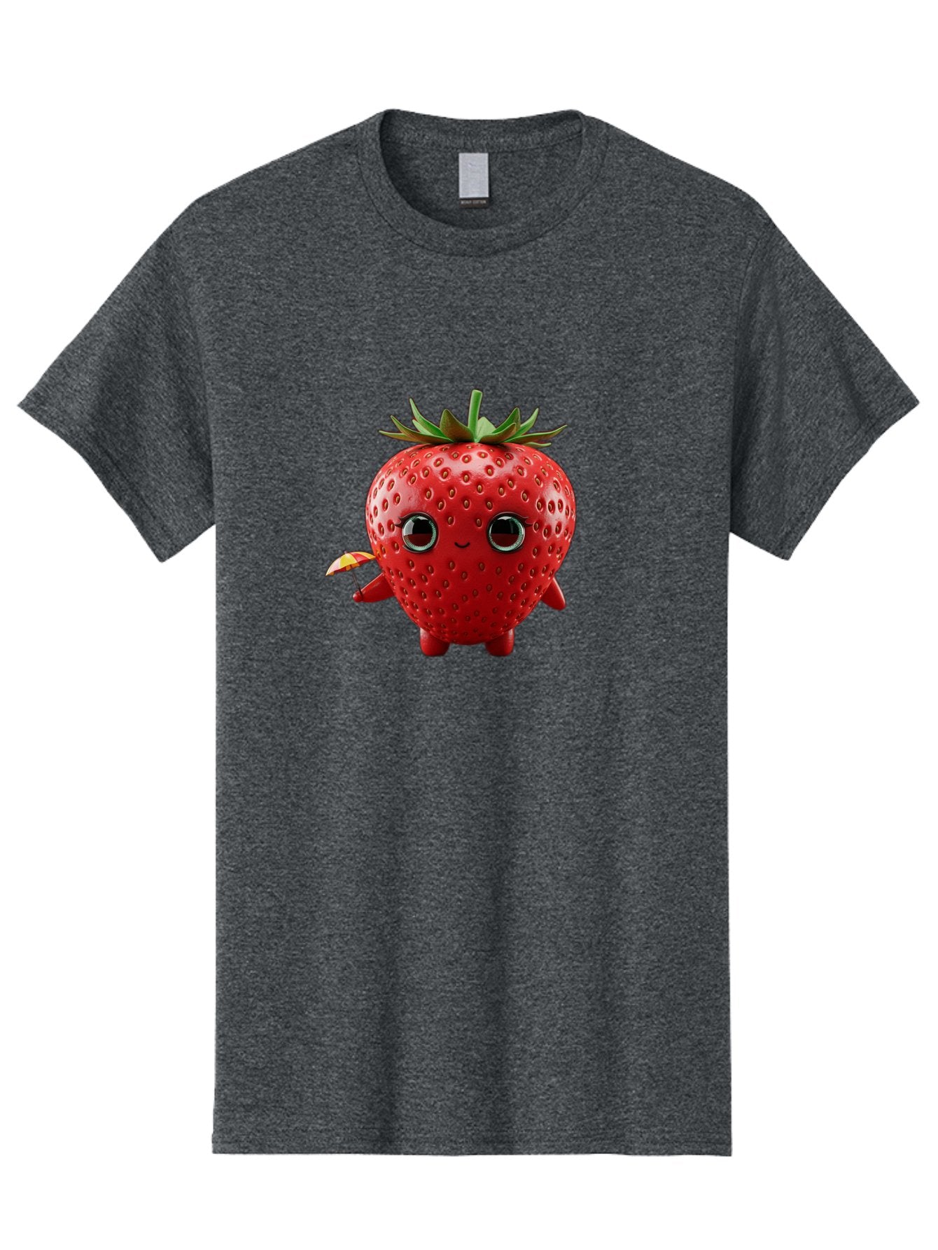 Smiling-Strawberry-1 Men'S Graphic Tee, 100% Cotton, Comfortable Casual Summer Wear, Machine Washable, Cartoon Strawberry Character, Smiling Face, Cute And Playful, Holding A Red And Yellow Umbrella, Kawaii Fruit, Adorable Animation, Bac431 10