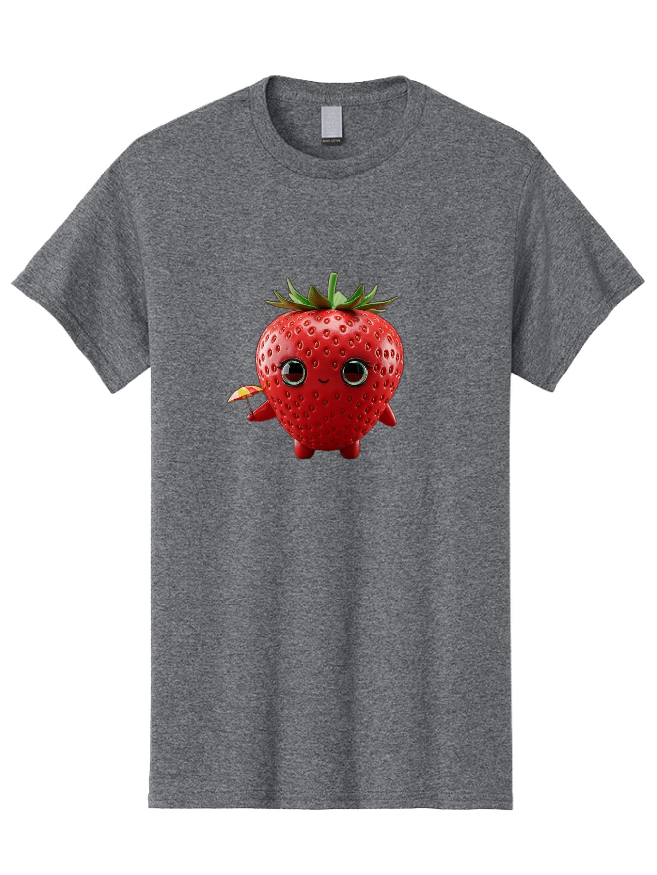 Smiling-Strawberry-1 Men'S Graphic Tee, 100% Cotton, Comfortable Casual Summer Wear, Machine Washable, Cartoon Strawberry Character, Smiling Face, Cute And Playful, Holding A Red And Yellow Umbrella, Kawaii Fruit, Adorable Animation, Bac431 7