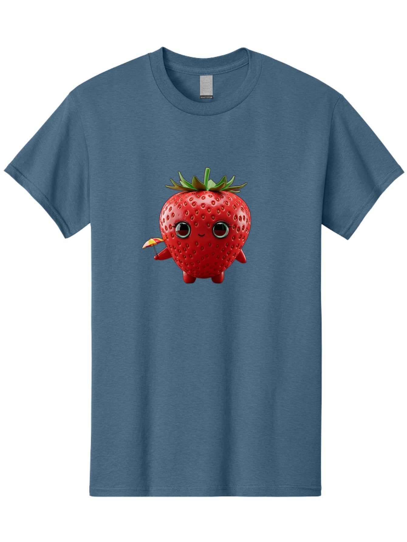 Smiling-Strawberry-1 Men'S Graphic Tee, 100% Cotton, Comfortable Casual Summer Wear, Machine Washable, Cartoon Strawberry Character, Smiling Face, Cute And Playful, Holding A Red And Yellow Umbrella, Kawaii Fruit, Adorable Animation, Bac431 14