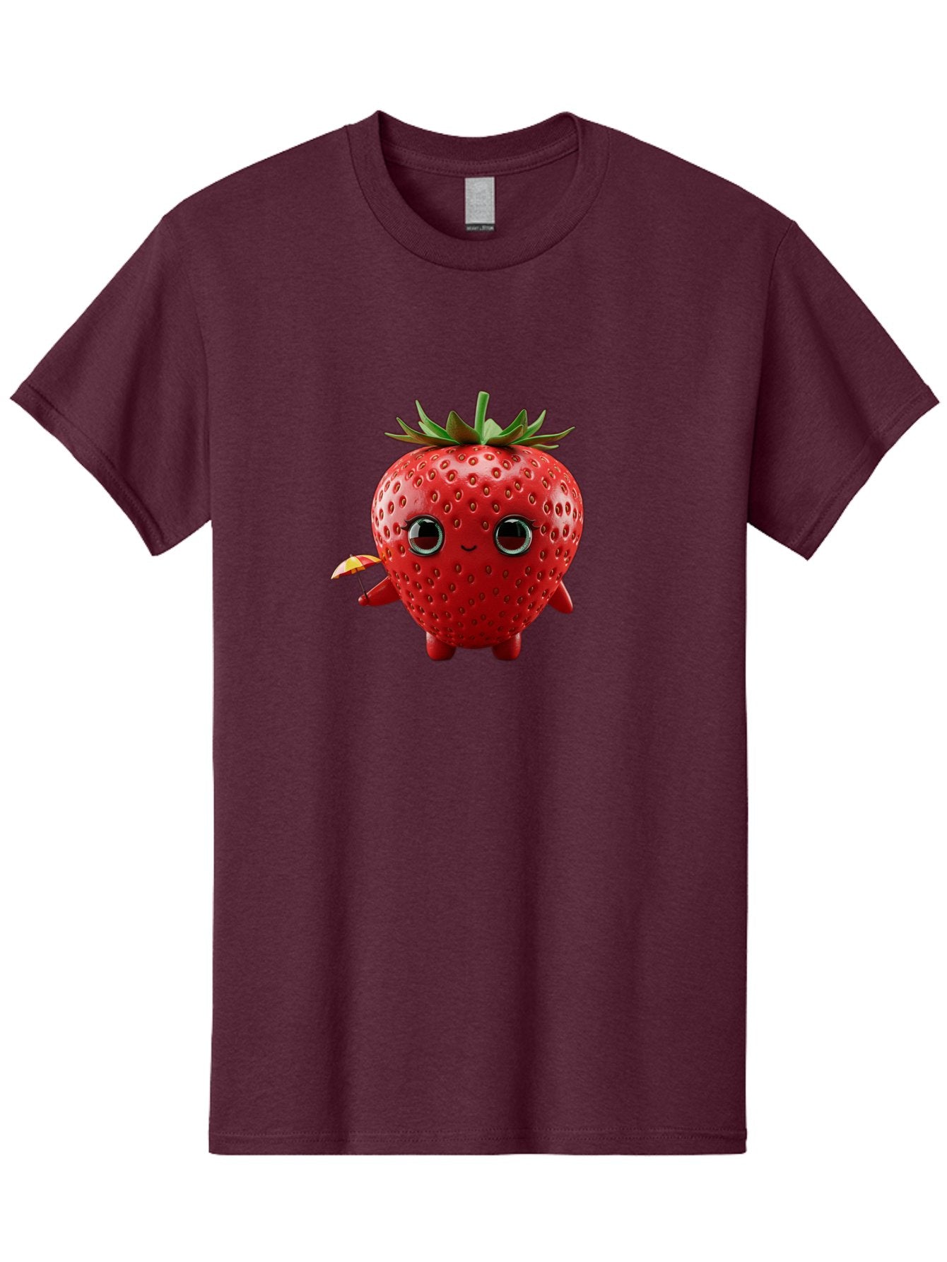 Smiling-Strawberry-1 Men'S Graphic Tee, 100% Cotton, Comfortable Casual Summer Wear, Machine Washable, Cartoon Strawberry Character, Smiling Face, Cute And Playful, Holding A Red And Yellow Umbrella, Kawaii Fruit, Adorable Animation, Bac431 12
