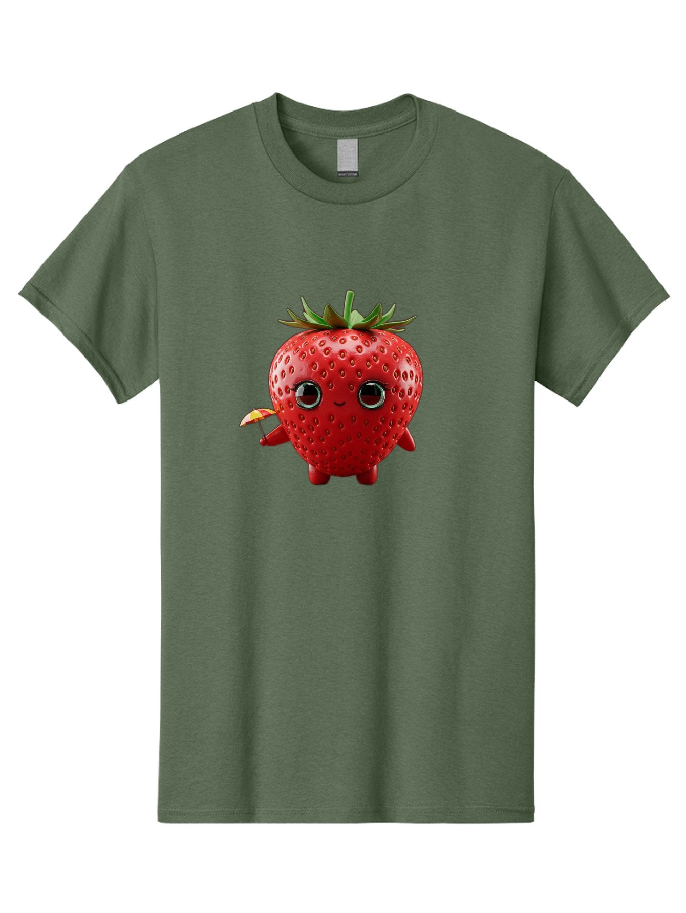 Smiling-Strawberry-1 Men'S Graphic Tee, 100% Cotton, Comfortable Casual Summer Wear, Machine Washable, Cartoon Strawberry Character, Smiling Face, Cute And Playful, Holding A Red And Yellow Umbrella, Kawaii Fruit, Adorable Animation, Bac431 9
