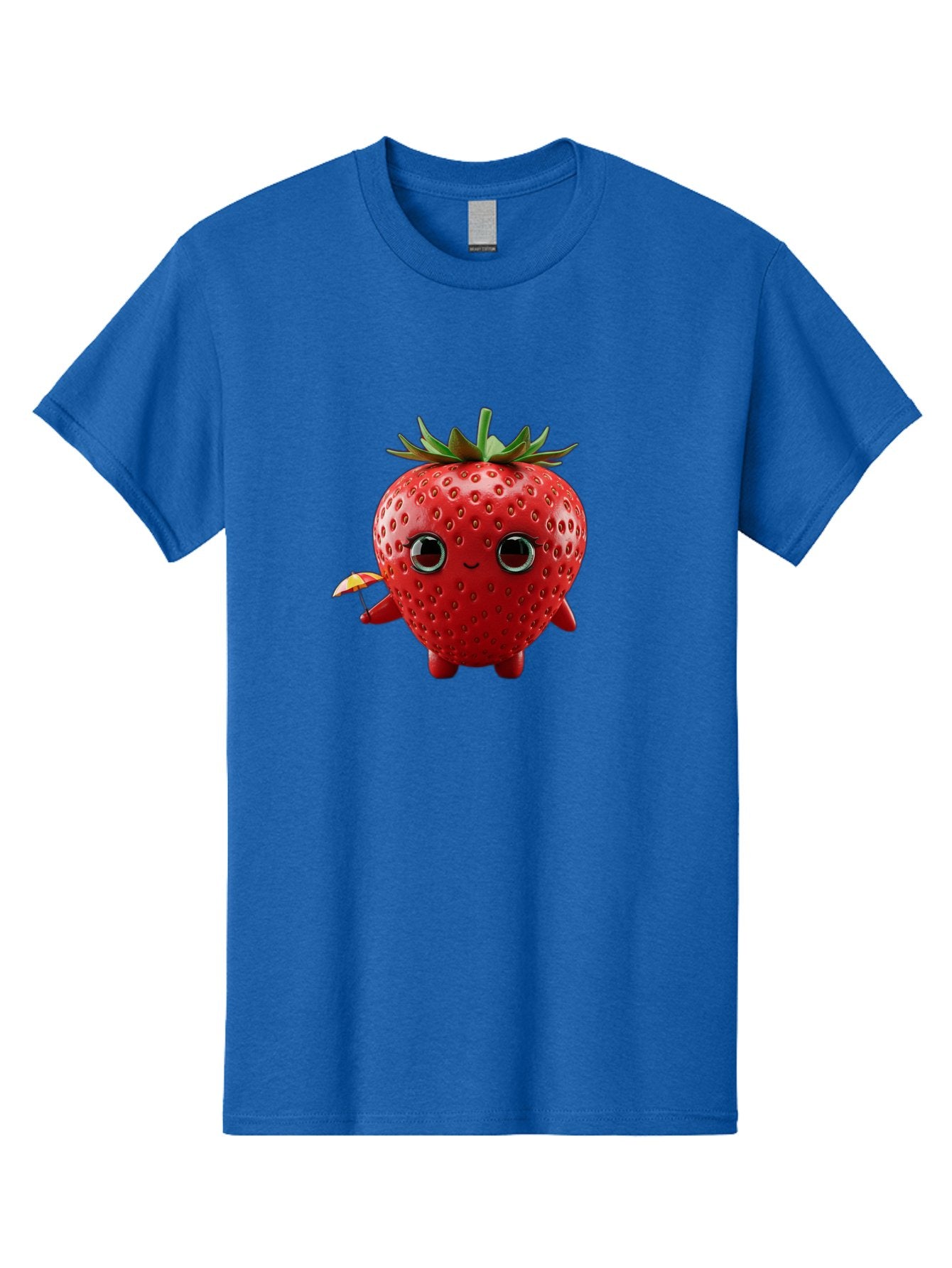Smiling-Strawberry-1 Men'S Graphic Tee, 100% Cotton, Comfortable Casual Summer Wear, Machine Washable, Cartoon Strawberry Character, Smiling Face, Cute And Playful, Holding A Red And Yellow Umbrella, Kawaii Fruit, Adorable Animation, Bac431 11