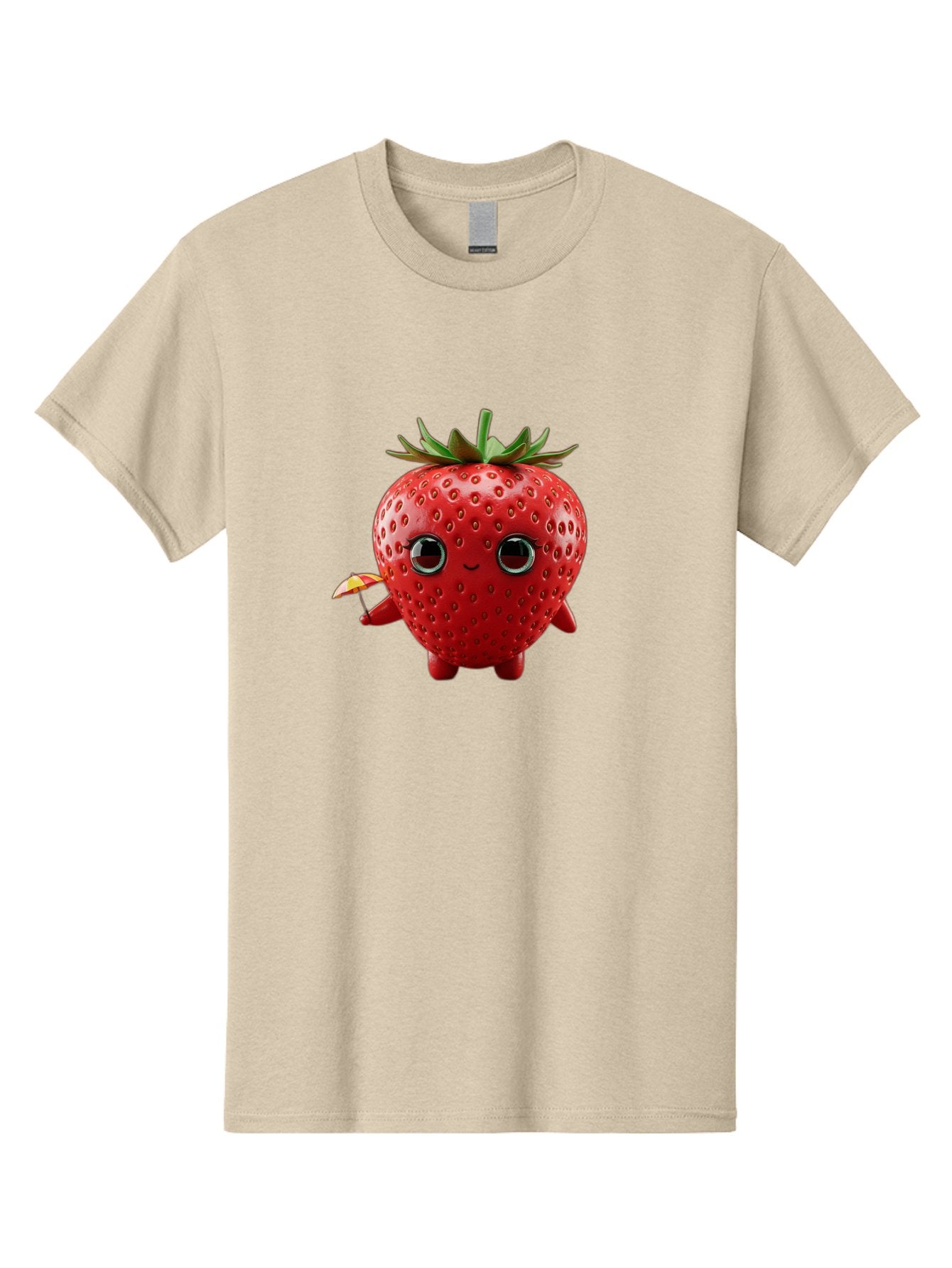 Smiling-Strawberry-1 Men'S Graphic Tee, 100% Cotton, Comfortable Casual Summer Wear, Machine Washable, Cartoon Strawberry Character, Smiling Face, Cute And Playful, Holding A Red And Yellow Umbrella, Kawaii Fruit, Adorable Animation, Bac431 8
