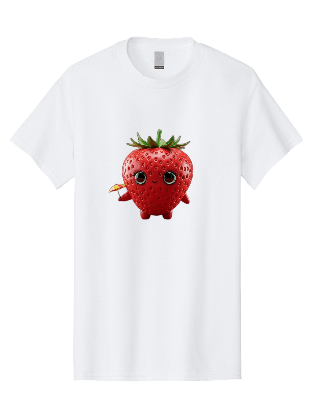 Smiling-Strawberry-1 Men'S Graphic Tee, 100% Cotton, Comfortable Casual Summer Wear, Machine Washable, Cartoon Strawberry Character, Smiling Face, Cute And Playful, Holding A Red And Yellow Umbrella, Kawaii Fruit, Adorable Animation, Bac431 3