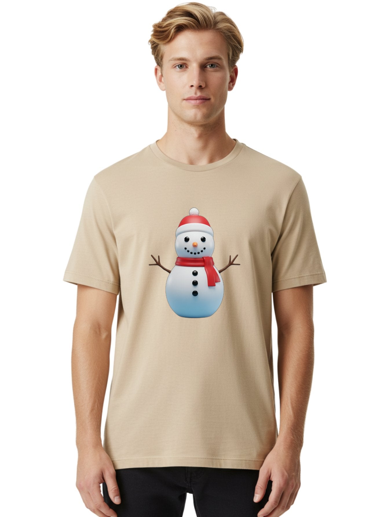 Snowman-1 Men'S Graphic Tee, 100% Cotton, Comfortable Casual Summer Wear, Machine Washable, 3D Snowman, Winter Character, Festive Holiday, Red Scarf, Santa Hat, Cartoon Style, Smiling Face, Stick Arms, Black Buttons, Orange Nose, Bac437 20