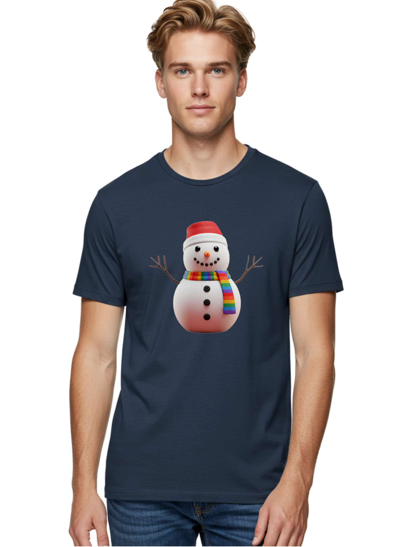 Snowman-2 Men'S Graphic Tee, 100% Cotton, Comfortable Casual Summer Wear, Machine Washable, Snowman With Rainbow Scarf, Christmas Decoration, Winter Wonderland, Festive Character, Holiday Cheer, Colorful Snowman, Winter Scene, Fun Snowman, Bac438 26