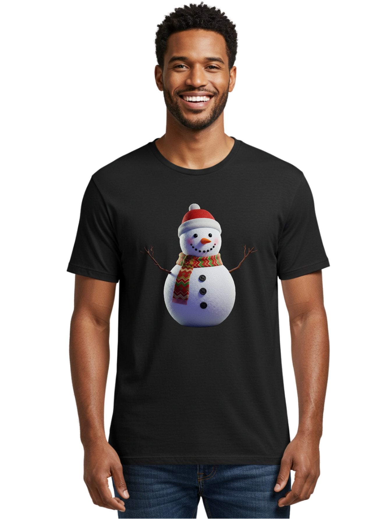 Snowman-4 Men'S Graphic Tee, 100% Cotton, Comfortable Casual Summer Wear, Machine Washable, Snowman Wearing Santa Hat, Red And Green Chevron Scarf, Three Black Buttons, Carrot Nose, Rosy Cheeks, Winter Wonderland, Festive Holiday Scene, Bac440 27