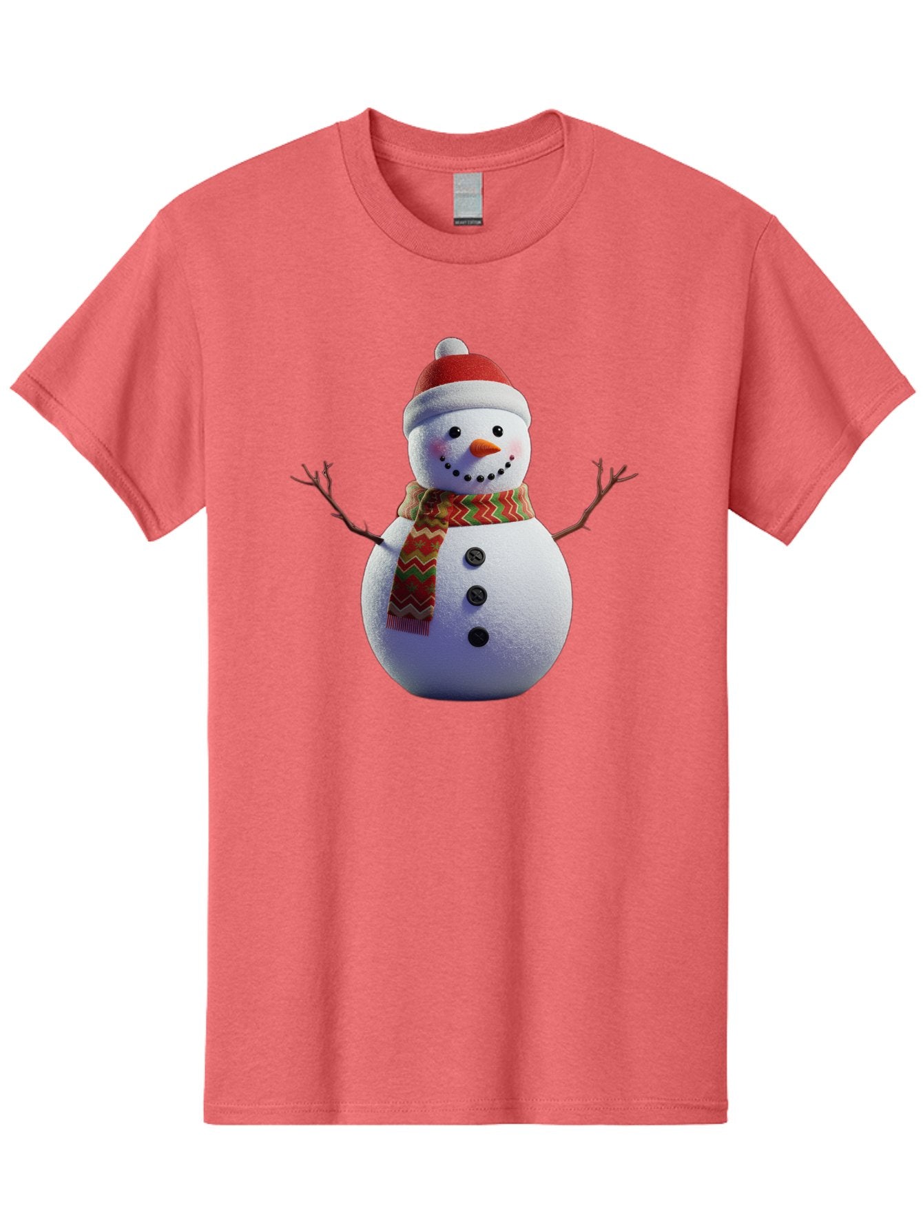 Snowman-4 Men'S Graphic Tee, 100% Cotton, Comfortable Casual Summer Wear, Machine Washable, Snowman Wearing Santa Hat, Red And Green Chevron Scarf, Three Black Buttons, Carrot Nose, Rosy Cheeks, Winter Wonderland, Festive Holiday Scene, Bac440 14