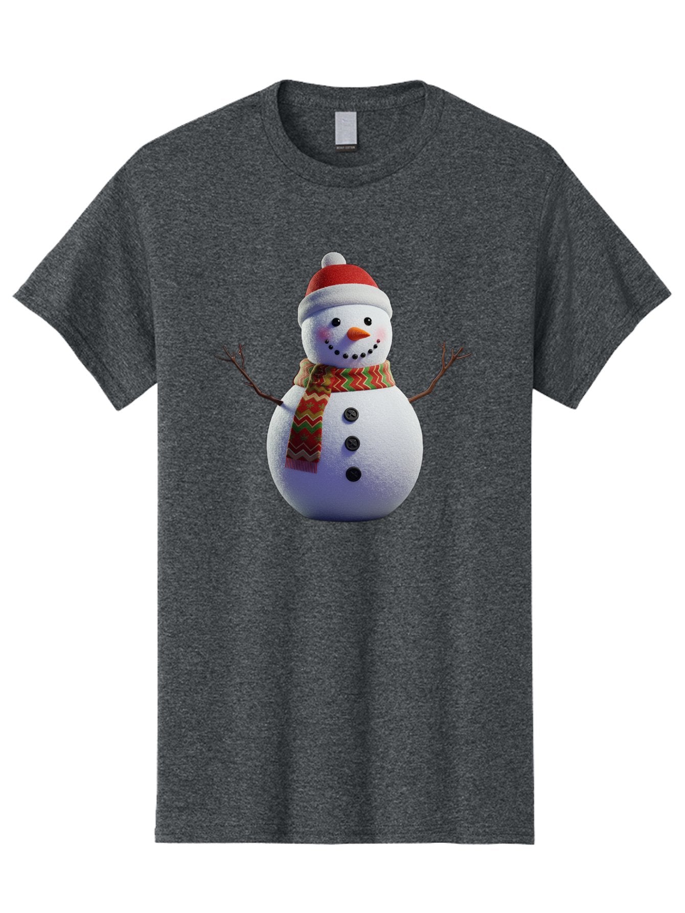 Snowman-4 Men'S Graphic Tee, 100% Cotton, Comfortable Casual Summer Wear, Machine Washable, Snowman Wearing Santa Hat, Red And Green Chevron Scarf, Three Black Buttons, Carrot Nose, Rosy Cheeks, Winter Wonderland, Festive Holiday Scene, Bac440 12