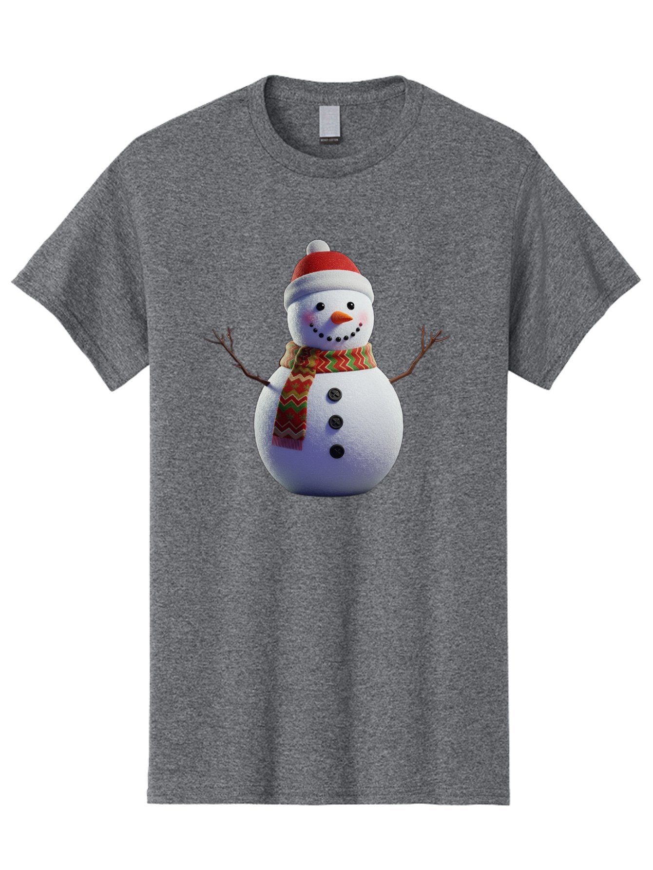 Snowman-4 Men'S Graphic Tee, 100% Cotton, Comfortable Casual Summer Wear, Machine Washable, Snowman Wearing Santa Hat, Red And Green Chevron Scarf, Three Black Buttons, Carrot Nose, Rosy Cheeks, Winter Wonderland, Festive Holiday Scene, Bac440 10
