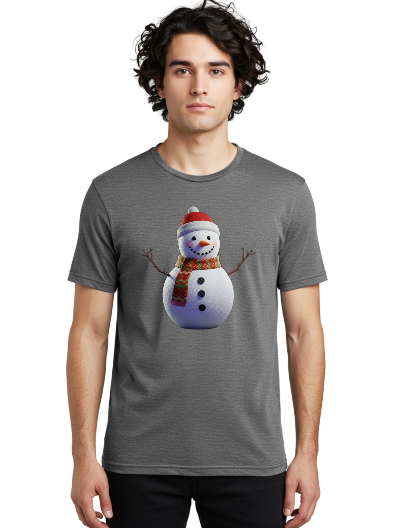 Snowman-4 Men'S Graphic Tee, 100% Cotton, Comfortable Casual Summer Wear, Machine Washable, Snowman Wearing Santa Hat, Red And Green Chevron Scarf, Three Black Buttons, Carrot Nose, Rosy Cheeks, Winter Wonderland, Festive Holiday Scene, Bac440 17