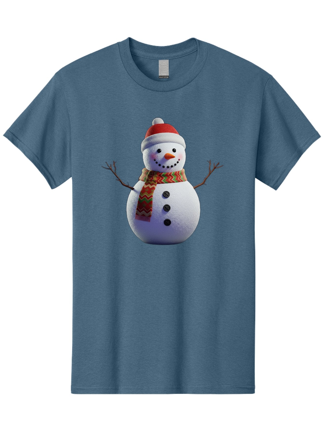 Snowman-4 Men'S Graphic Tee, 100% Cotton, Comfortable Casual Summer Wear, Machine Washable, Snowman Wearing Santa Hat, Red And Green Chevron Scarf, Three Black Buttons, Carrot Nose, Rosy Cheeks, Winter Wonderland, Festive Holiday Scene, Bac440 9