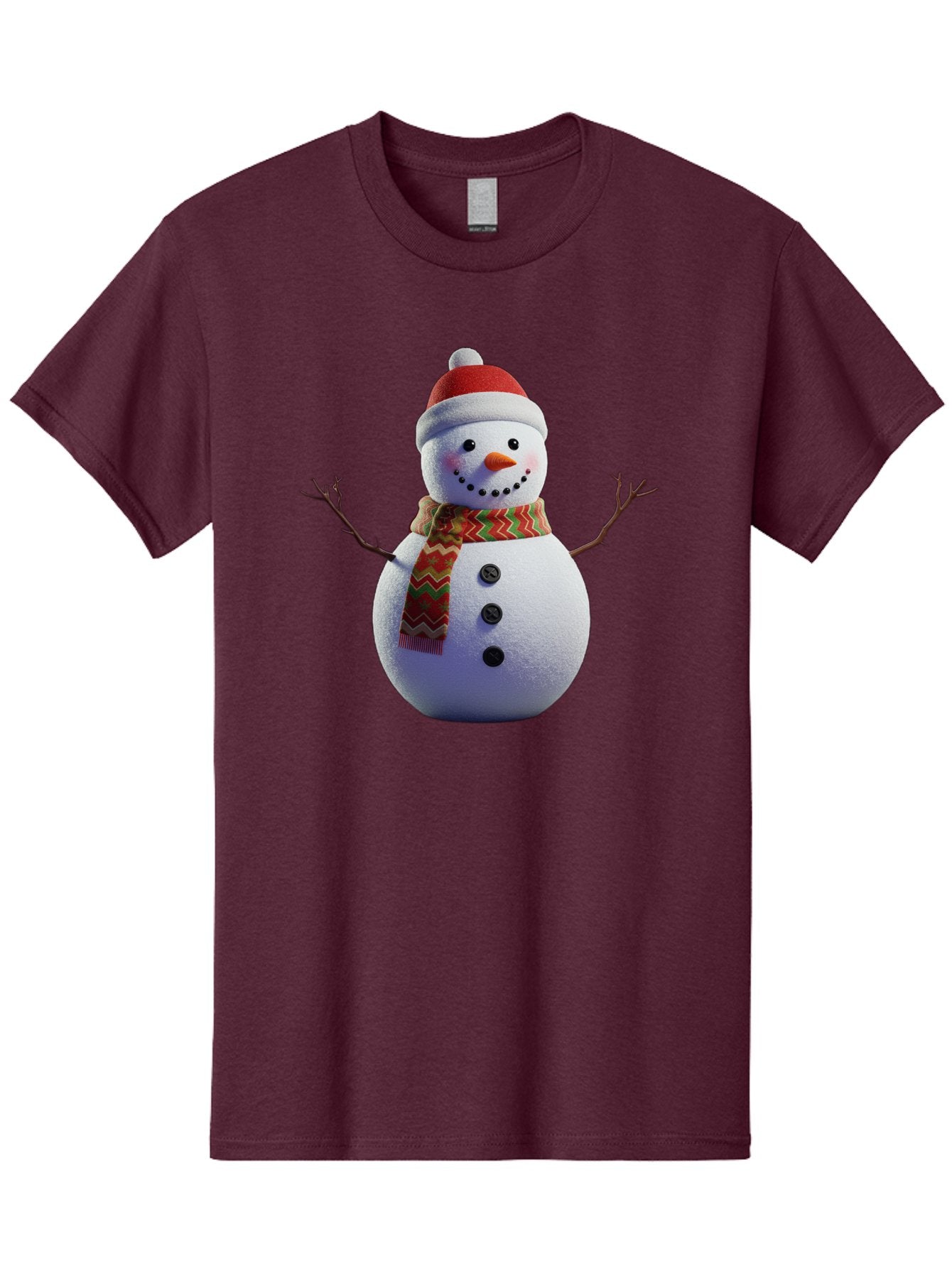 Snowman-4 Men'S Graphic Tee, 100% Cotton, Comfortable Casual Summer Wear, Machine Washable, Snowman Wearing Santa Hat, Red And Green Chevron Scarf, Three Black Buttons, Carrot Nose, Rosy Cheeks, Winter Wonderland, Festive Holiday Scene, Bac440