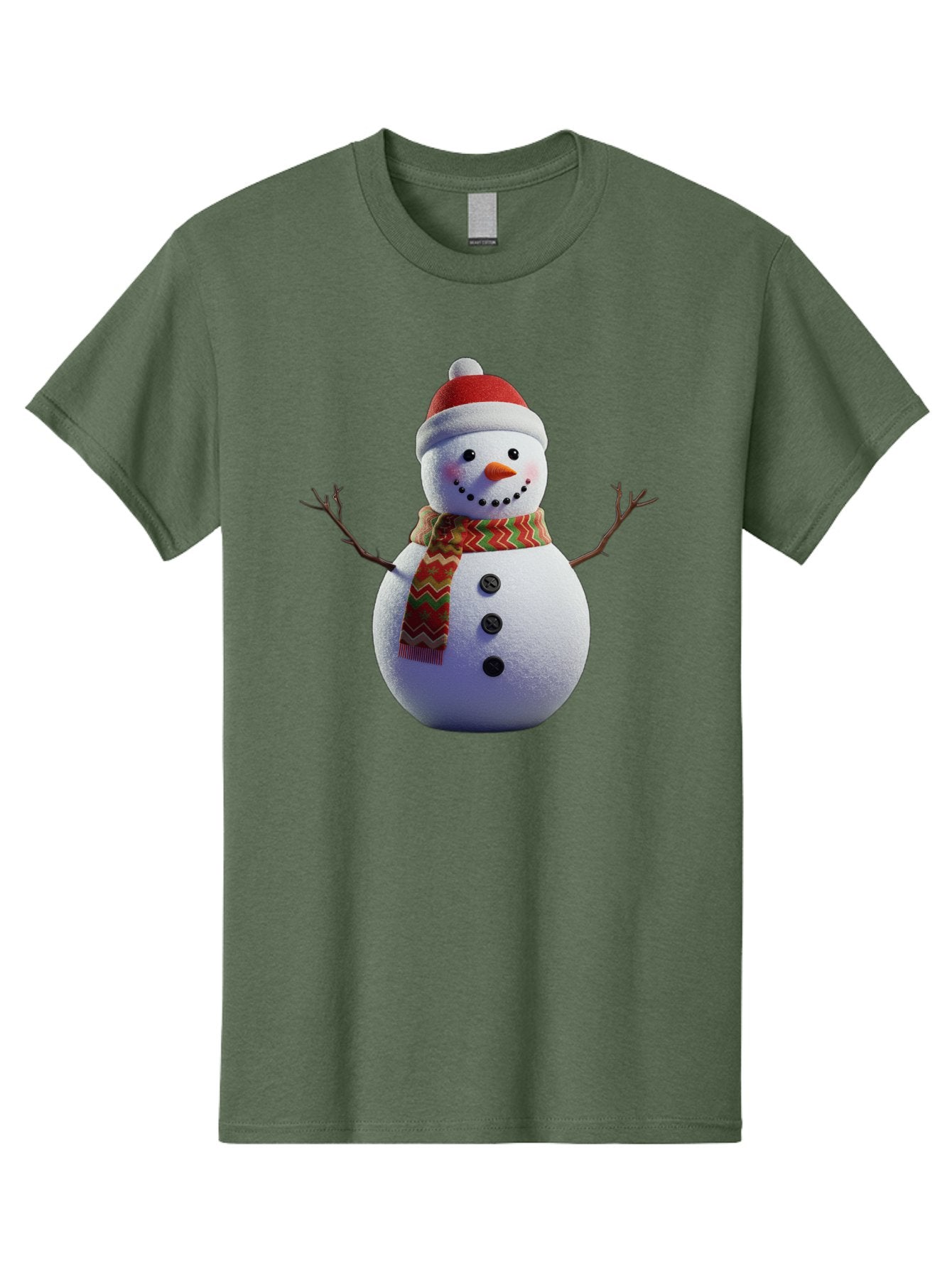 Snowman-4 Men'S Graphic Tee, 100% Cotton, Comfortable Casual Summer Wear, Machine Washable, Snowman Wearing Santa Hat, Red And Green Chevron Scarf, Three Black Buttons, Carrot Nose, Rosy Cheeks, Winter Wonderland, Festive Holiday Scene, Bac440 8