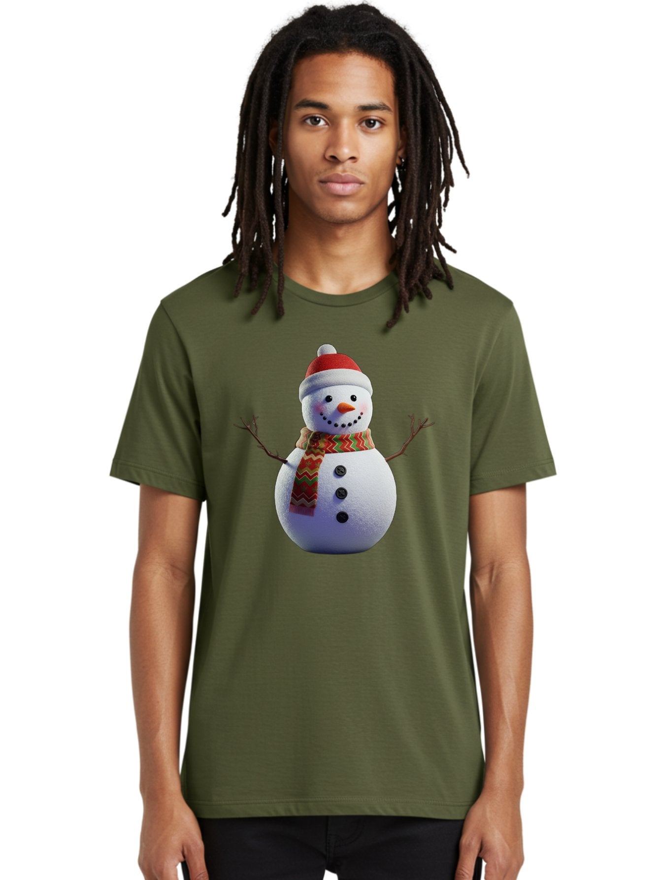 Snowman-4 Men'S Graphic Tee, 100% Cotton, Comfortable Casual Summer Wear, Machine Washable, Snowman Wearing Santa Hat, Red And Green Chevron Scarf, Three Black Buttons, Carrot Nose, Rosy Cheeks, Winter Wonderland, Festive Holiday Scene, Bac440 25