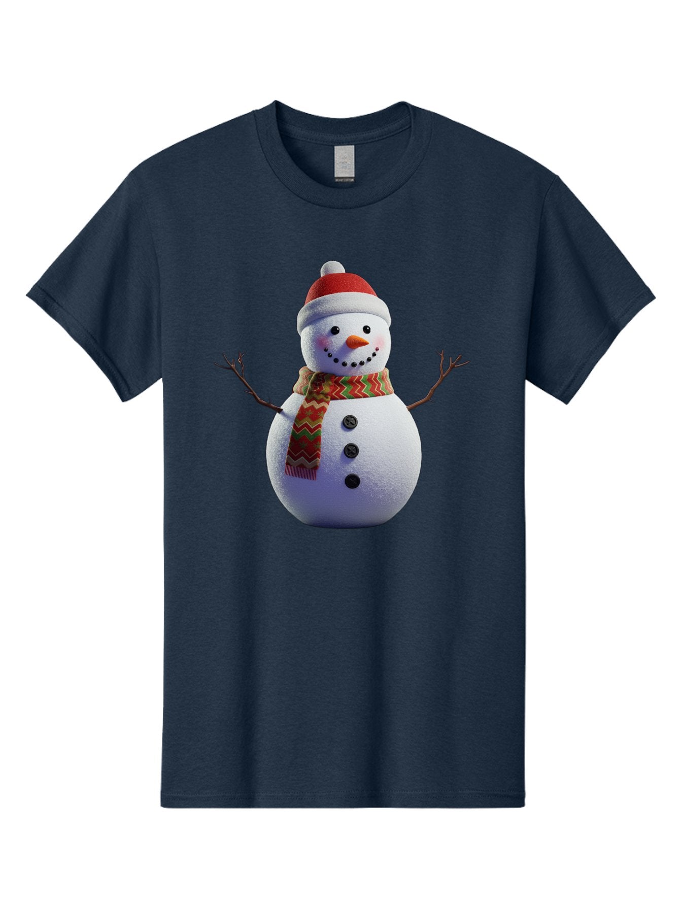 Snowman-4 Men'S Graphic Tee, 100% Cotton, Comfortable Casual Summer Wear, Machine Washable, Snowman Wearing Santa Hat, Red And Green Chevron Scarf, Three Black Buttons, Carrot Nose, Rosy Cheeks, Winter Wonderland, Festive Holiday Scene, Bac440