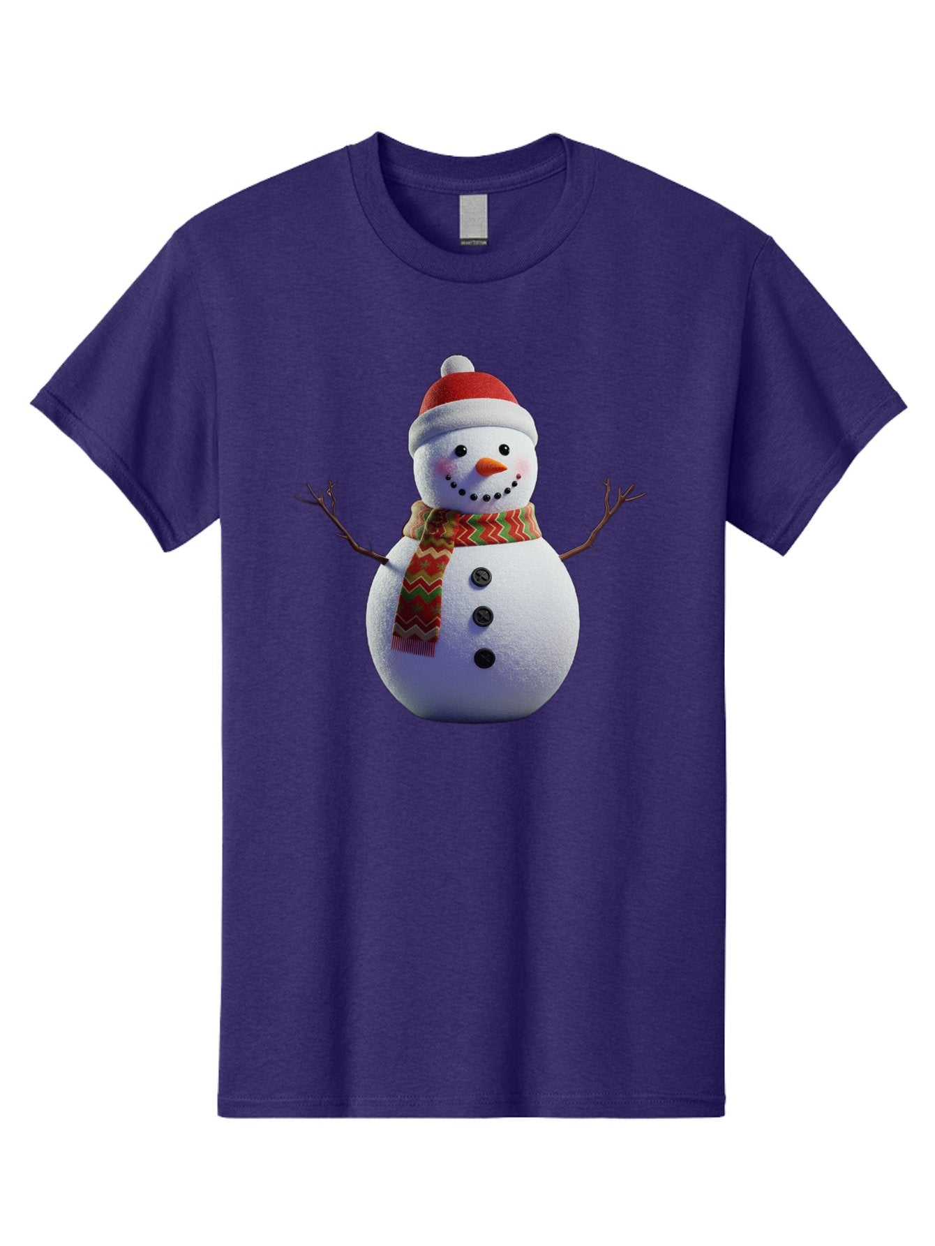 Snowman-4 Men'S Graphic Tee, 100% Cotton, Comfortable Casual Summer Wear, Machine Washable, Snowman Wearing Santa Hat, Red And Green Chevron Scarf, Three Black Buttons, Carrot Nose, Rosy Cheeks, Winter Wonderland, Festive Holiday Scene, Bac440 5