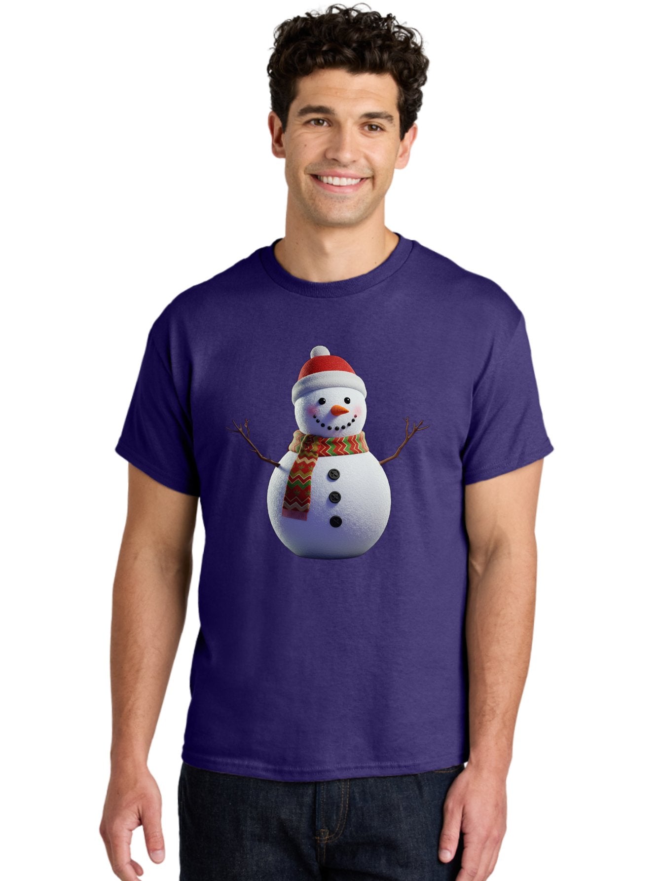 Snowman-4 Men'S Graphic Tee, 100% Cotton, Comfortable Casual Summer Wear, Machine Washable, Snowman Wearing Santa Hat, Red And Green Chevron Scarf, Three Black Buttons, Carrot Nose, Rosy Cheeks, Winter Wonderland, Festive Holiday Scene, Bac440 23