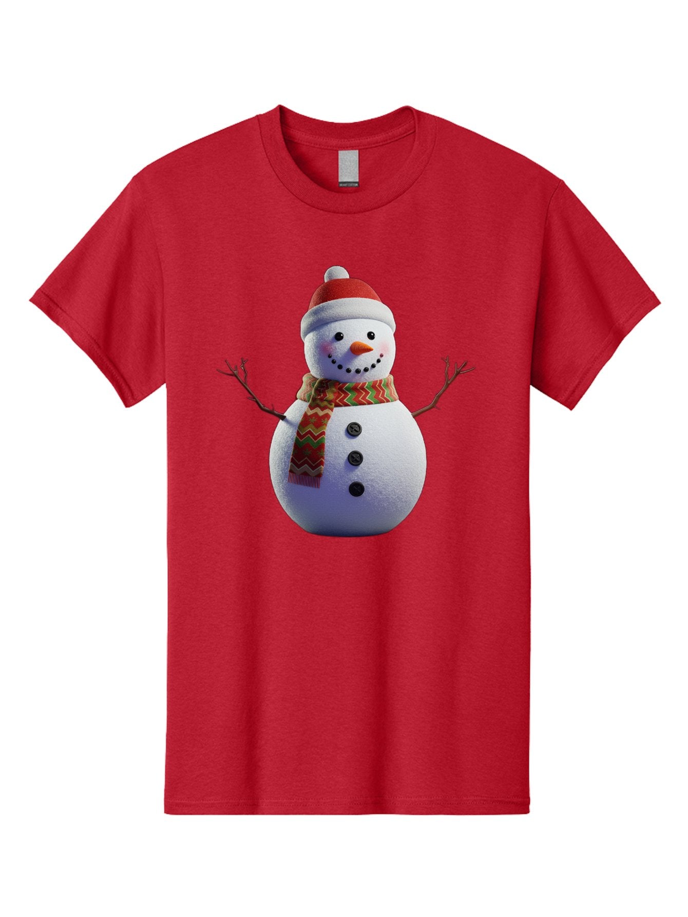 Snowman-4 Men'S Graphic Tee, 100% Cotton, Comfortable Casual Summer Wear, Machine Washable, Snowman Wearing Santa Hat, Red And Green Chevron Scarf, Three Black Buttons, Carrot Nose, Rosy Cheeks, Winter Wonderland, Festive Holiday Scene, Bac440 4