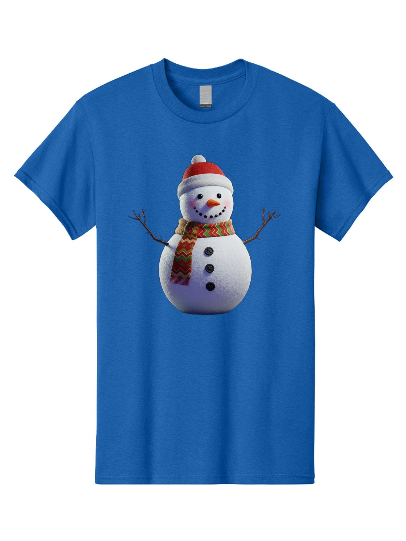Snowman-4 Men'S Graphic Tee, 100% Cotton, Comfortable Casual Summer Wear, Machine Washable, Snowman Wearing Santa Hat, Red And Green Chevron Scarf, Three Black Buttons, Carrot Nose, Rosy Cheeks, Winter Wonderland, Festive Holiday Scene, Bac440 15
