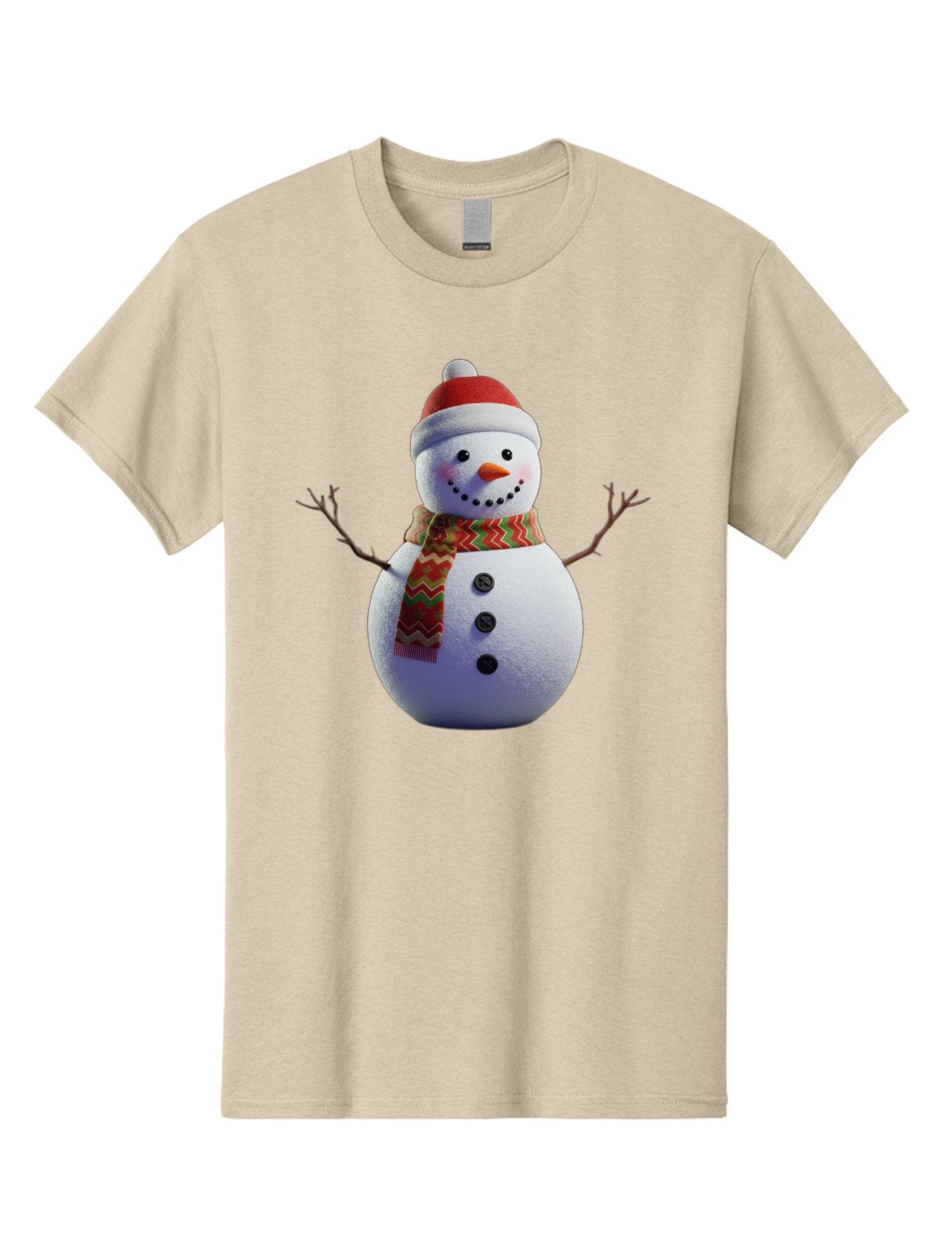 Snowman-4 Men'S Graphic Tee, 100% Cotton, Comfortable Casual Summer Wear, Machine Washable, Snowman Wearing Santa Hat, Red And Green Chevron Scarf, Three Black Buttons, Carrot Nose, Rosy Cheeks, Winter Wonderland, Festive Holiday Scene, Bac440 3