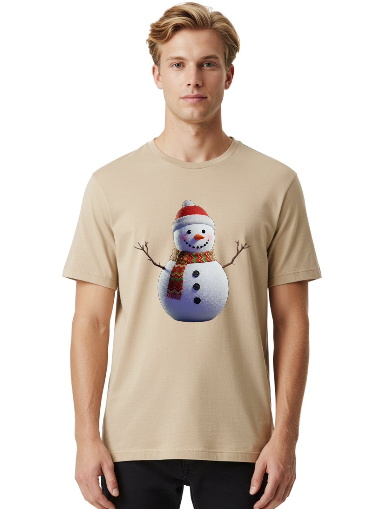 Snowman-4 Men'S Graphic Tee, 100% Cotton, Comfortable Casual Summer Wear, Machine Washable, Snowman Wearing Santa Hat, Red And Green Chevron Scarf, Three Black Buttons, Carrot Nose, Rosy Cheeks, Winter Wonderland, Festive Holiday Scene, Bac440 22