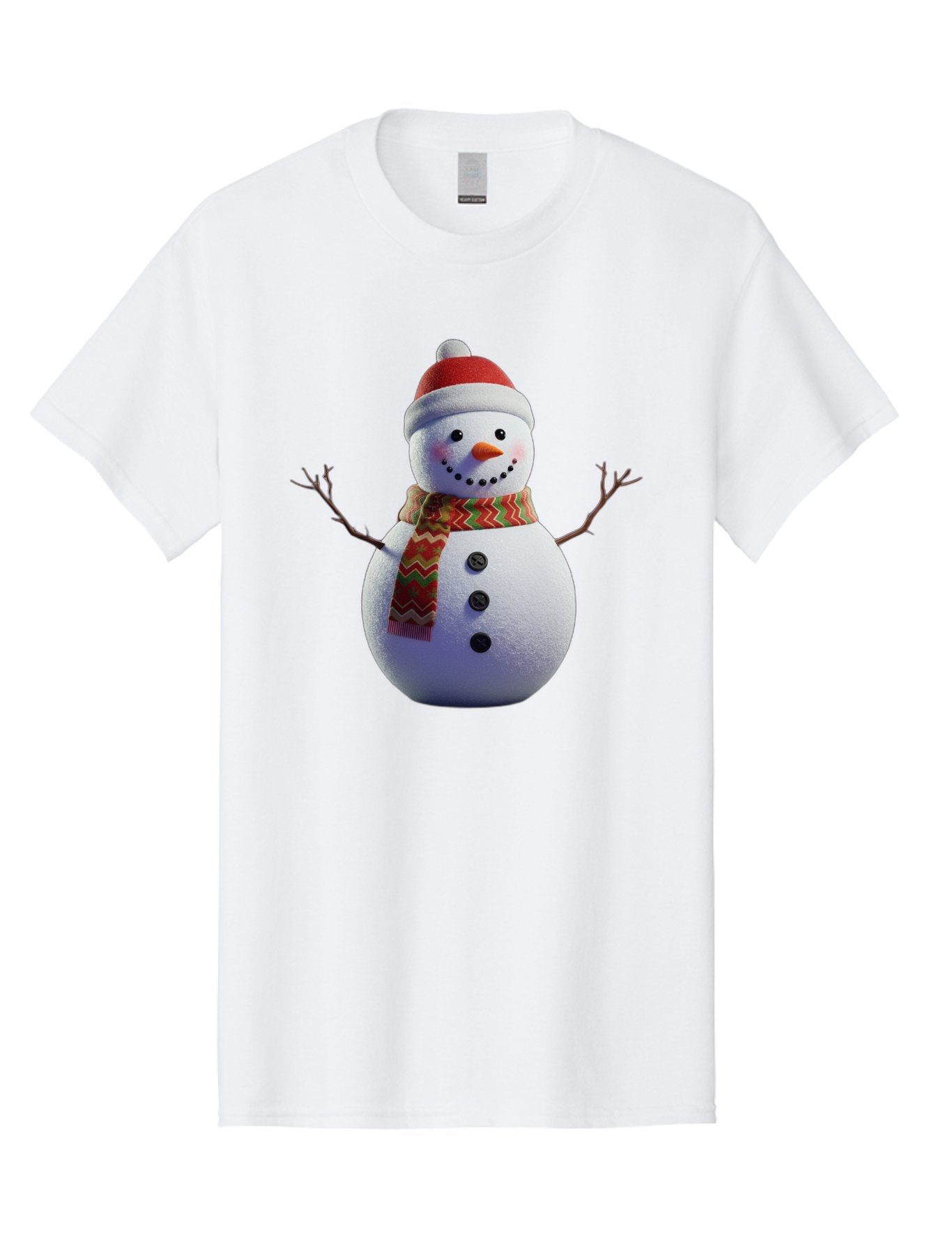 Snowman-4 Men'S Graphic Tee, 100% Cotton, Comfortable Casual Summer Wear, Machine Washable, Snowman Wearing Santa Hat, Red And Green Chevron Scarf, Three Black Buttons, Carrot Nose, Rosy Cheeks, Winter Wonderland, Festive Holiday Scene, Bac440 7