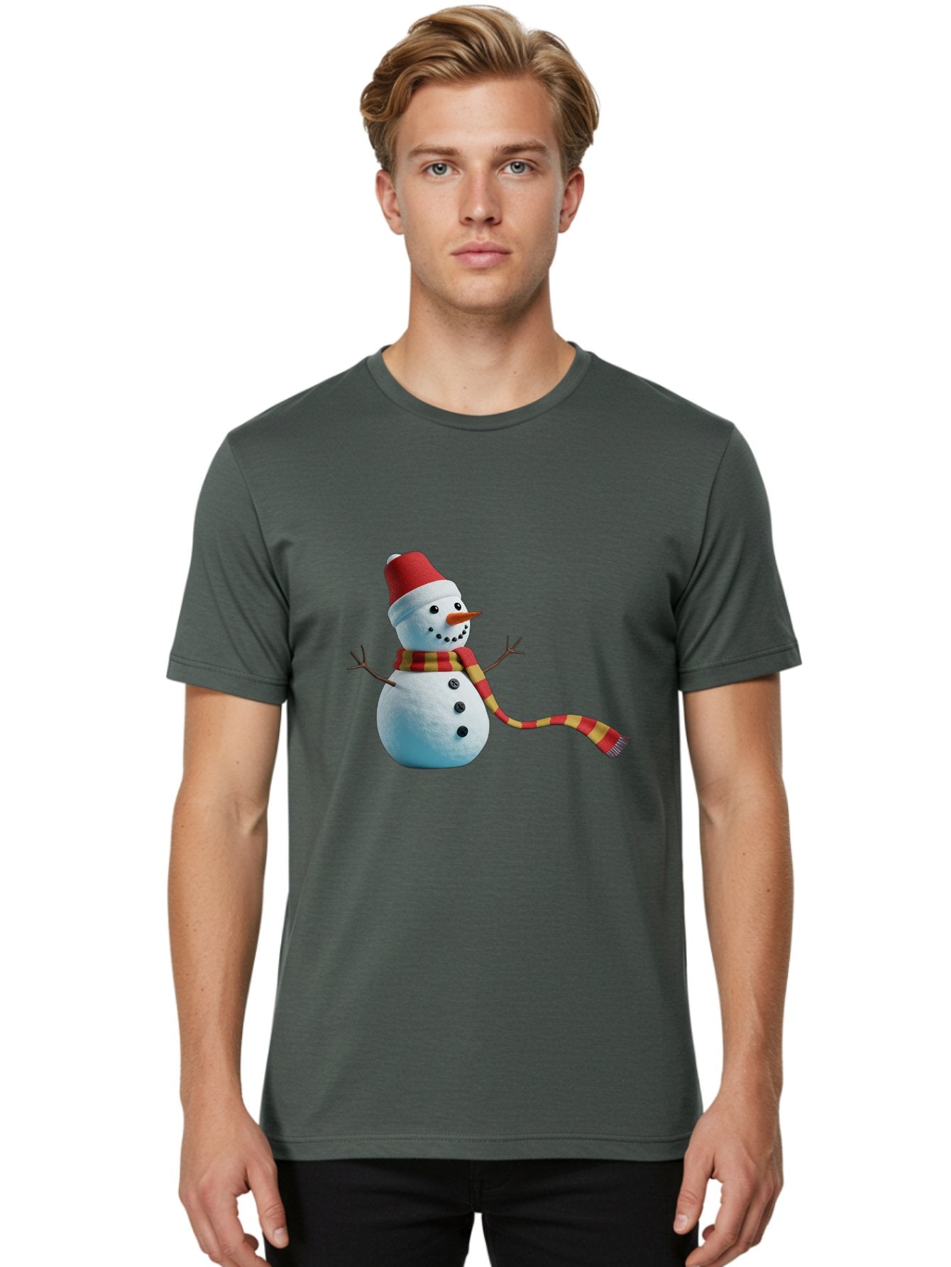 Snowman-6 Men'S Graphic Tee, 100% Cotton, Comfortable Casual Summer Wear, Machine Washable, Snowman Wearing Red Hat, Red And Yellow Scarf, Black Buttons, Carrot Nose, Festive Winter Decor, Holiday Character, Christmas Theme, Winter Wonderland, Bac442 18