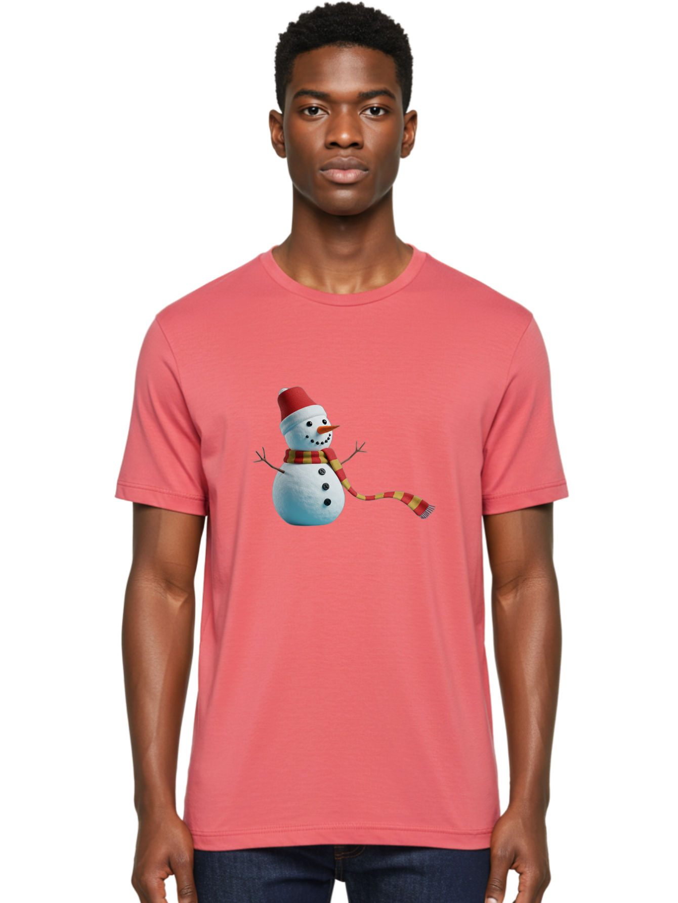 Snowman-6 Men'S Graphic Tee, 100% Cotton, Comfortable Casual Summer Wear, Machine Washable, Snowman Wearing Red Hat, Red And Yellow Scarf, Black Buttons, Carrot Nose, Festive Winter Decor, Holiday Character, Christmas Theme, Winter Wonderland, Bac442 20