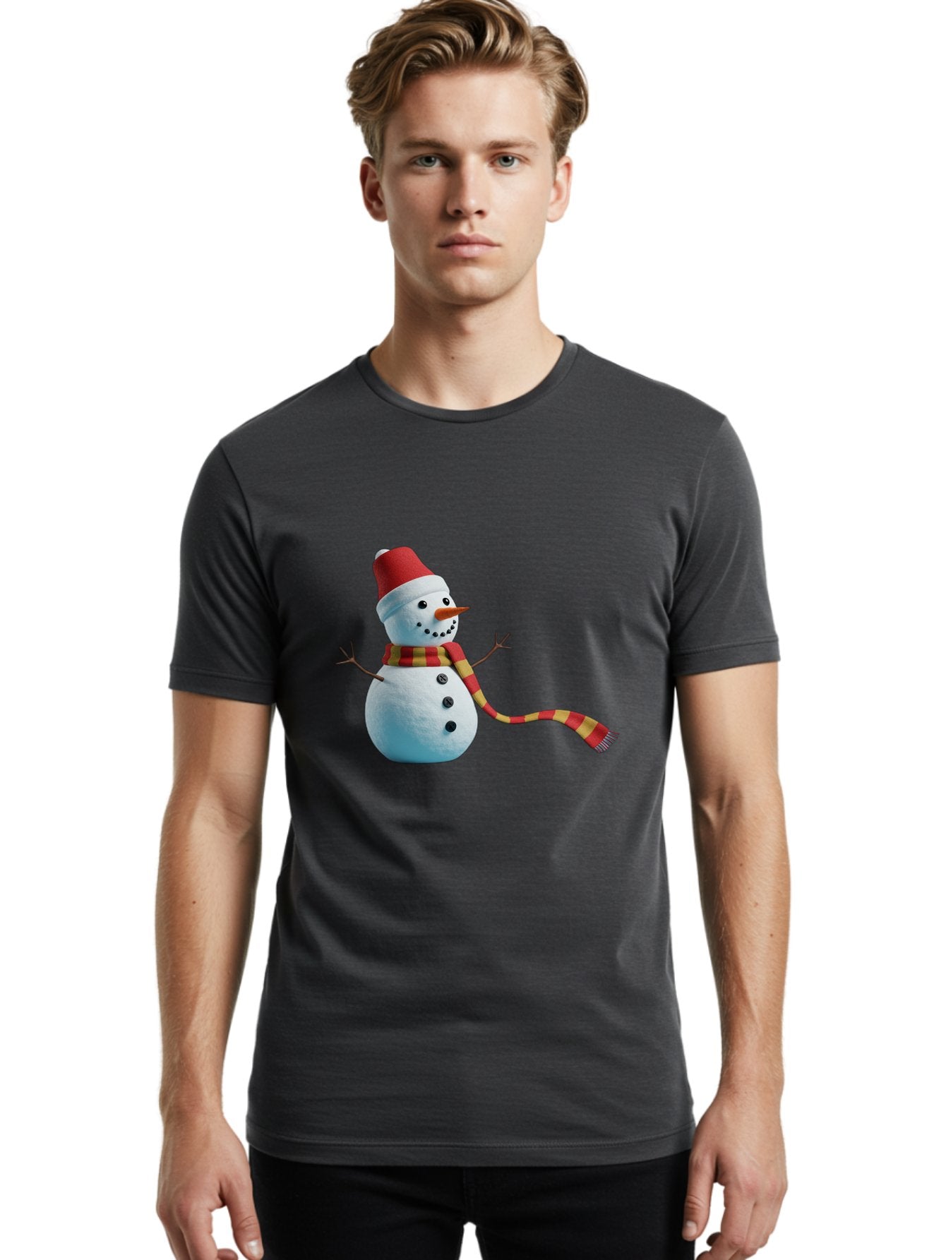 Snowman-6 Men'S Graphic Tee, 100% Cotton, Comfortable Casual Summer Wear, Machine Washable, Snowman Wearing Red Hat, Red And Yellow Scarf, Black Buttons, Carrot Nose, Festive Winter Decor, Holiday Character, Christmas Theme, Winter Wonderland, Bac442 22