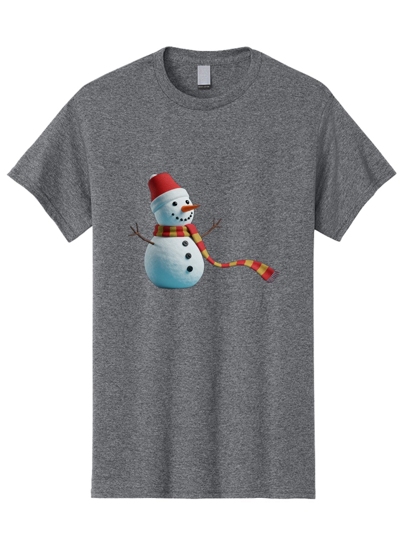 Snowman-6 Men'S Graphic Tee, 100% Cotton, Comfortable Casual Summer Wear, Machine Washable, Snowman Wearing Red Hat, Red And Yellow Scarf, Black Buttons, Carrot Nose, Festive Winter Decor, Holiday Character, Christmas Theme, Winter Wonderland, Bac442 11