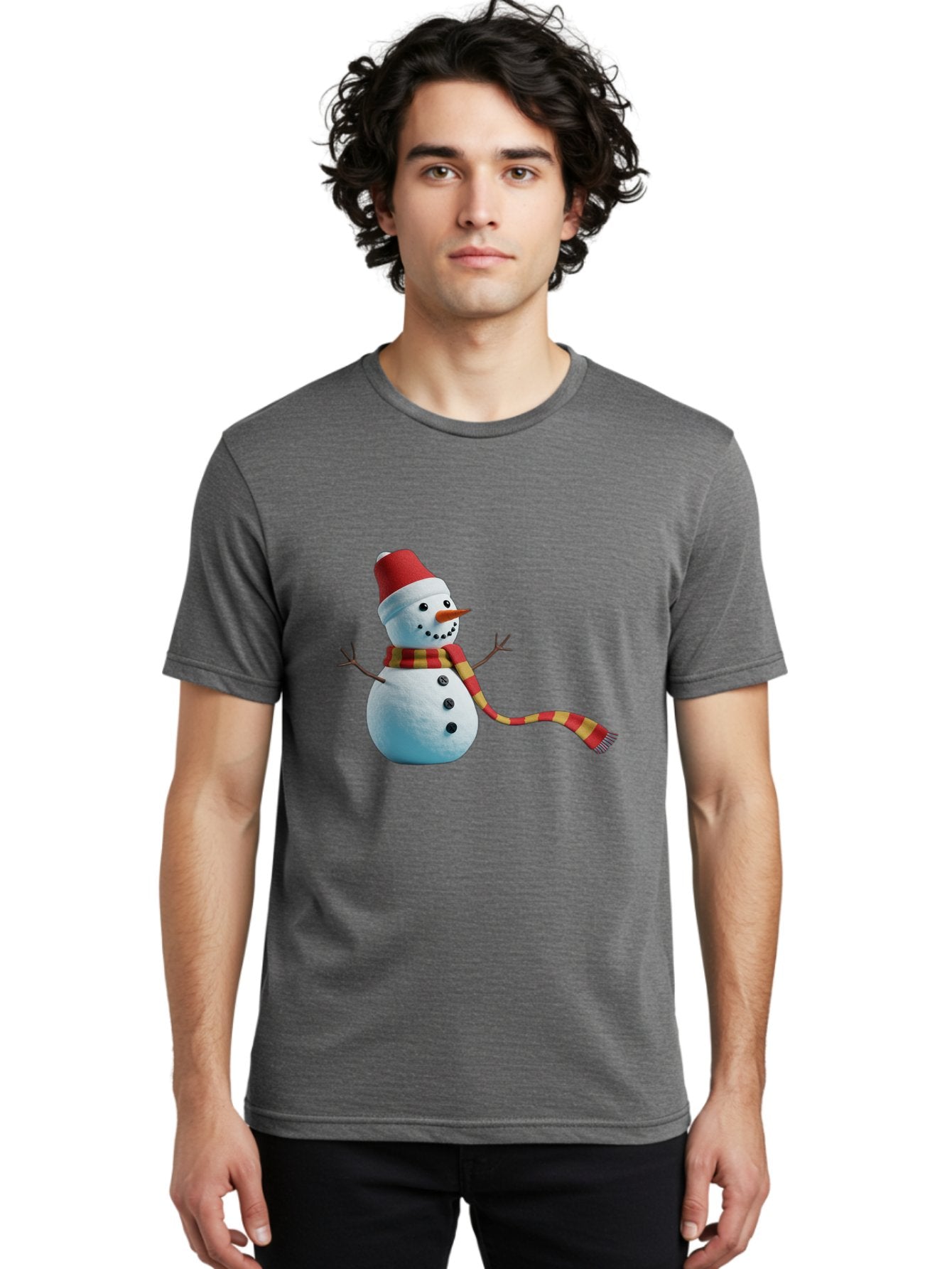 Snowman-6 Men'S Graphic Tee, 100% Cotton, Comfortable Casual Summer Wear, Machine Washable, Snowman Wearing Red Hat, Red And Yellow Scarf, Black Buttons, Carrot Nose, Festive Winter Decor, Holiday Character, Christmas Theme, Winter Wonderland, Bac442 27