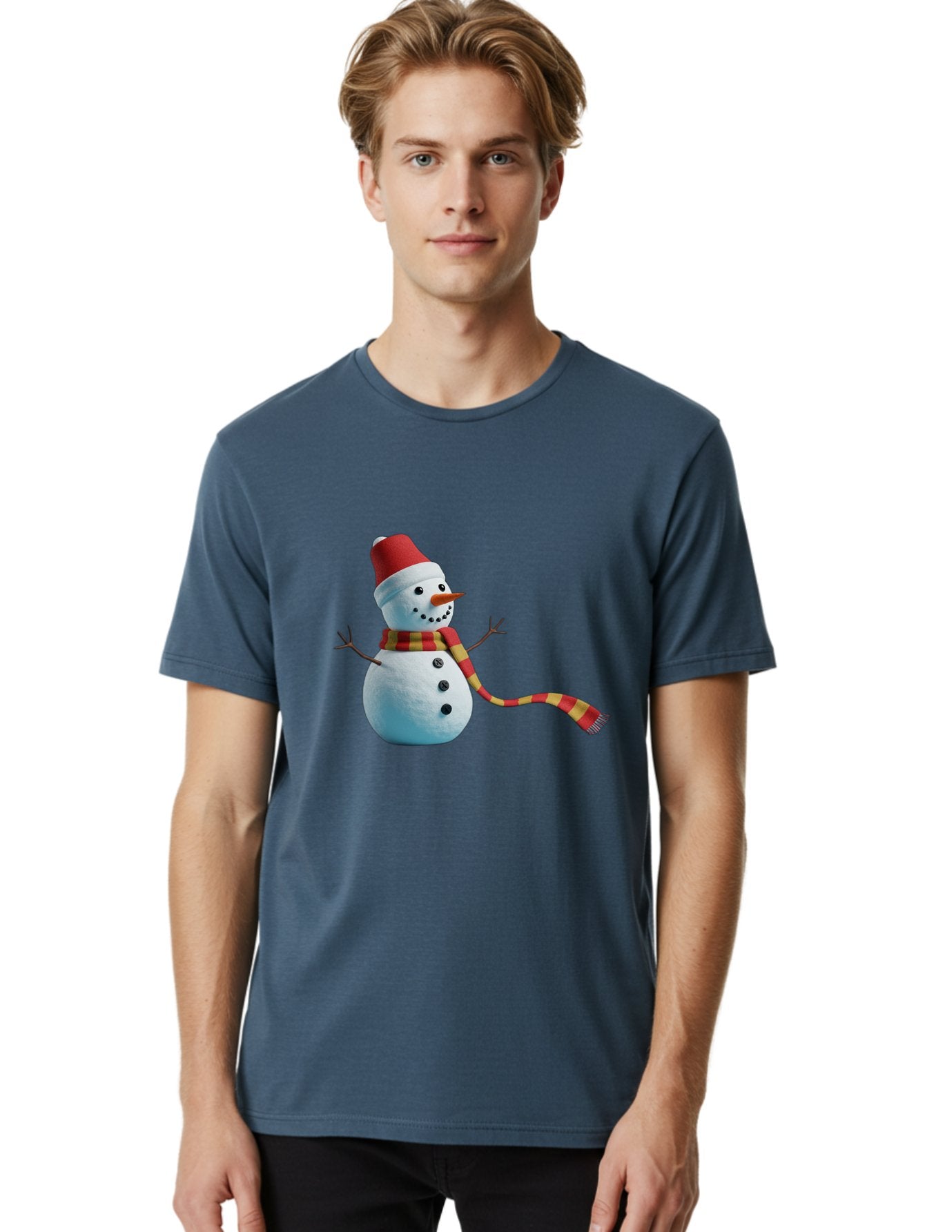 Snowman-6 Men'S Graphic Tee, 100% Cotton, Comfortable Casual Summer Wear, Machine Washable, Snowman Wearing Red Hat, Red And Yellow Scarf, Black Buttons, Carrot Nose, Festive Winter Decor, Holiday Character, Christmas Theme, Winter Wonderland, Bac442 29