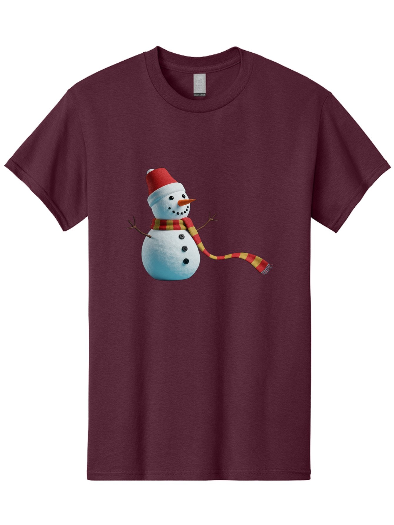 Snowman-6 Men'S Graphic Tee, 100% Cotton, Comfortable Casual Summer Wear, Machine Washable, Snowman Wearing Red Hat, Red And Yellow Scarf, Black Buttons, Carrot Nose, Festive Winter Decor, Holiday Character, Christmas Theme, Winter Wonderland, Bac442 7