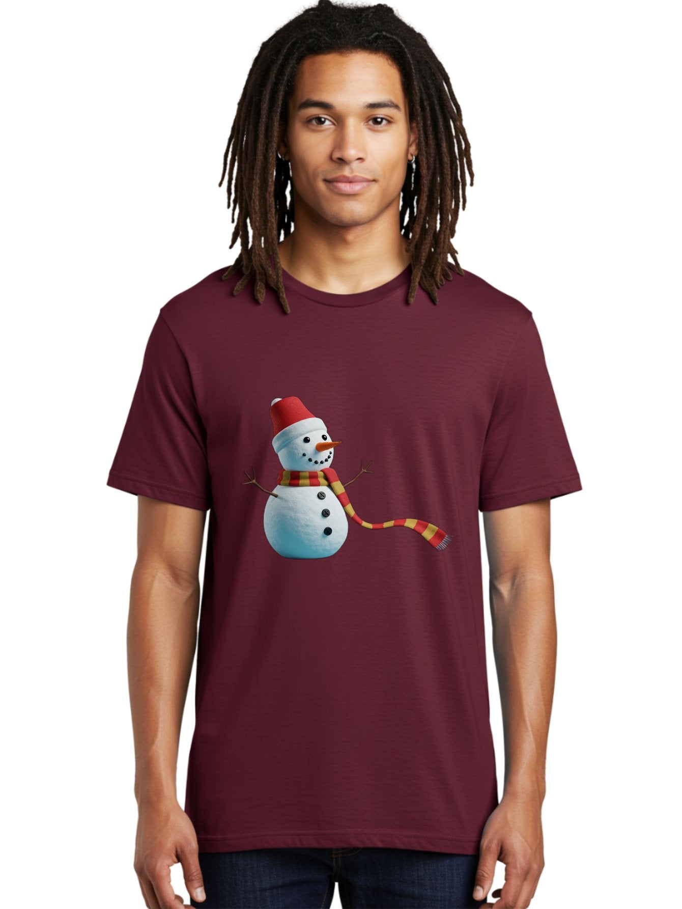 Snowman-6 Men'S Graphic Tee, 100% Cotton, Comfortable Casual Summer Wear, Machine Washable, Snowman Wearing Red Hat, Red And Yellow Scarf, Black Buttons, Carrot Nose, Festive Winter Decor, Holiday Character, Christmas Theme, Winter Wonderland, Bac442 16