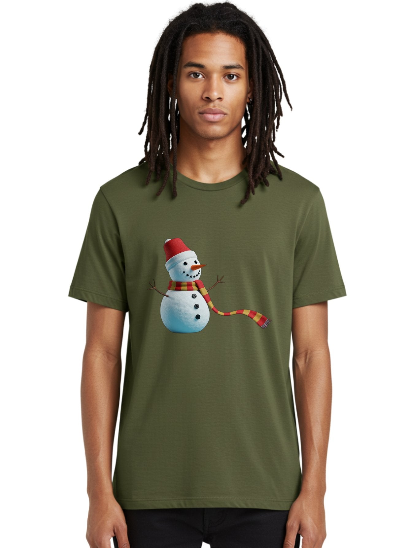 Snowman-6 Men'S Graphic Tee, 100% Cotton, Comfortable Casual Summer Wear, Machine Washable, Snowman Wearing Red Hat, Red And Yellow Scarf, Black Buttons, Carrot Nose, Festive Winter Decor, Holiday Character, Christmas Theme, Winter Wonderland, Bac442 20