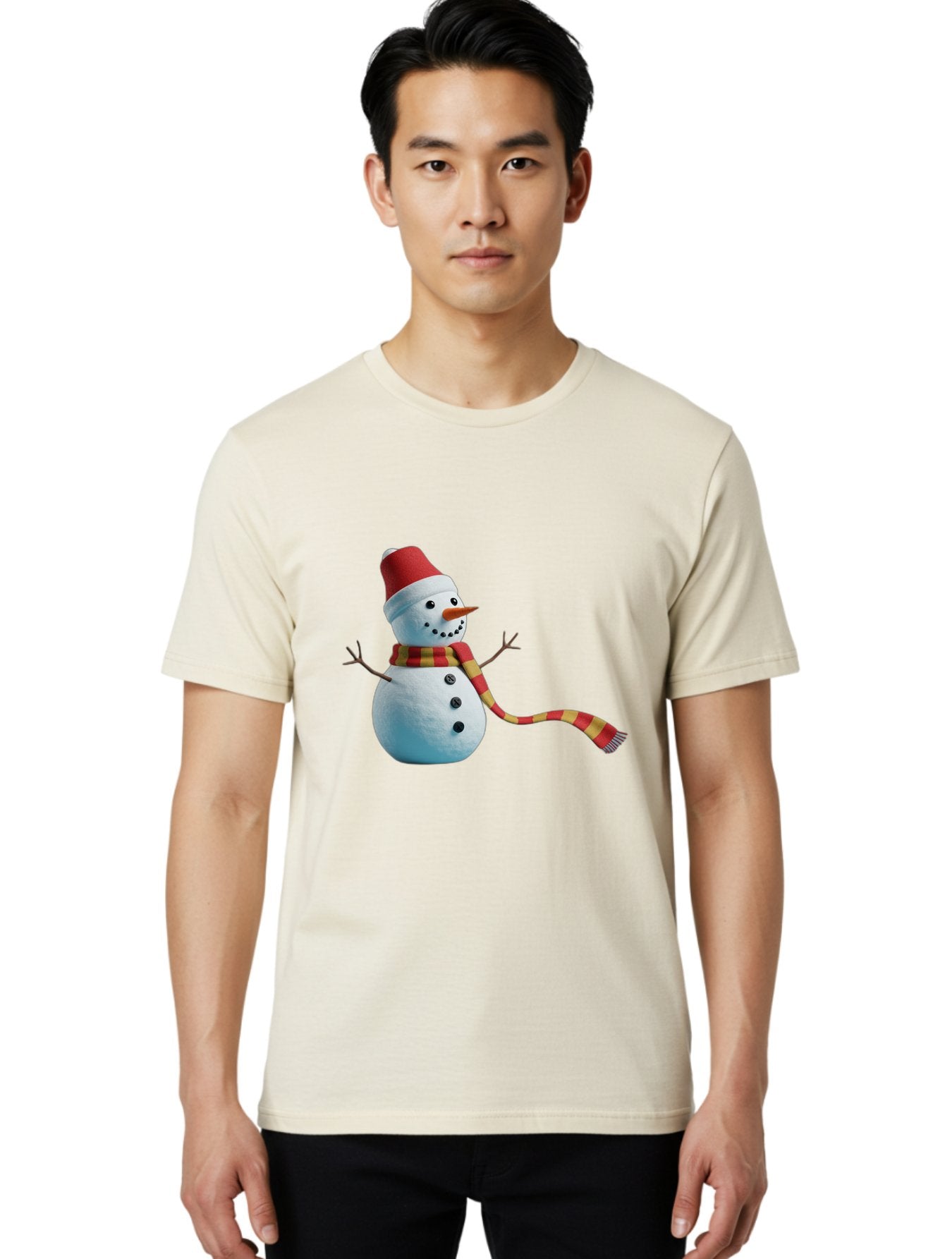 Snowman-6 Men'S Graphic Tee, 100% Cotton, Comfortable Casual Summer Wear, Machine Washable, Snowman Wearing Red Hat, Red And Yellow Scarf, Black Buttons, Carrot Nose, Festive Winter Decor, Holiday Character, Christmas Theme, Winter Wonderland, Bac442 17